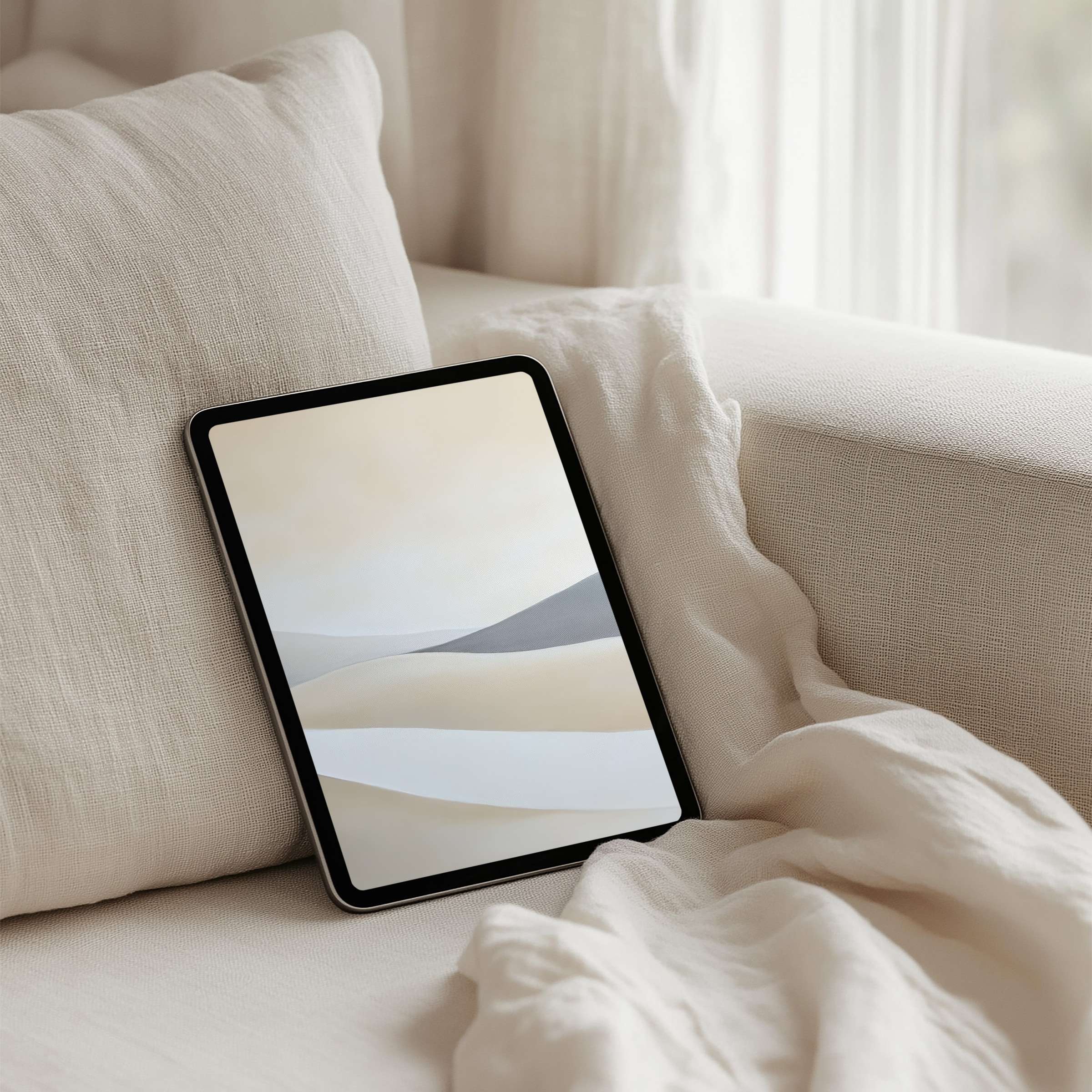 Elegant abstract waves on an iPad background in serene beige tones ideal for instant download on any tablet bringing calm and style