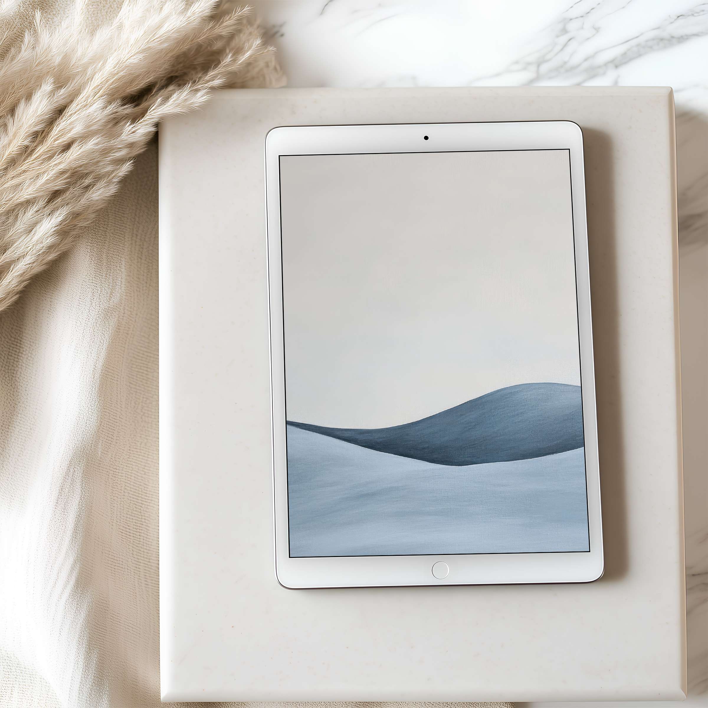 Elegant abstract landscape tablet wallpaper in soothing blue tones, perfect high-resolution digital download for iPad or Android tablets