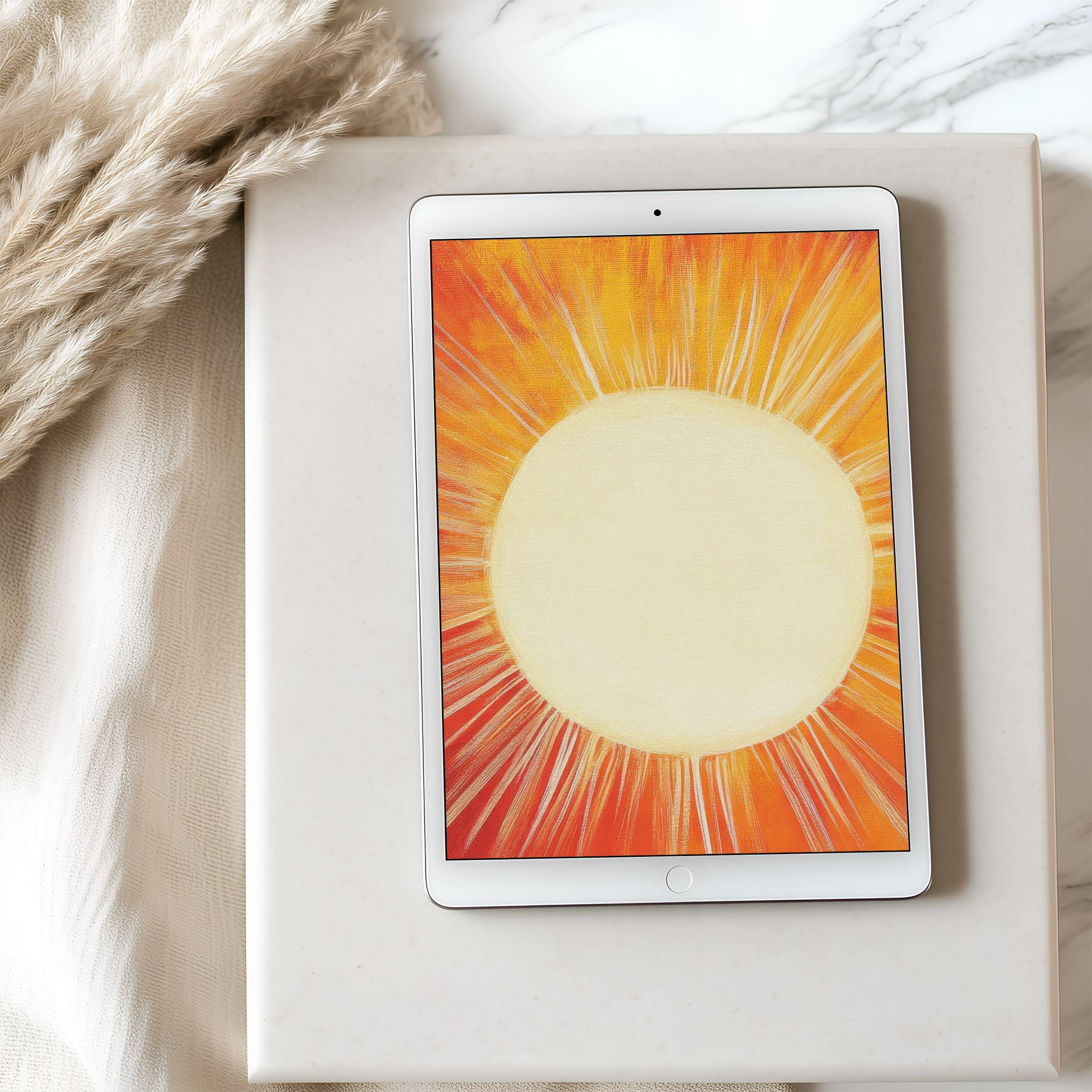 Elegant sunburst tablet wallpaper with warm hues evokes serenity, offering a high-resolution digital download for iPad and Android
