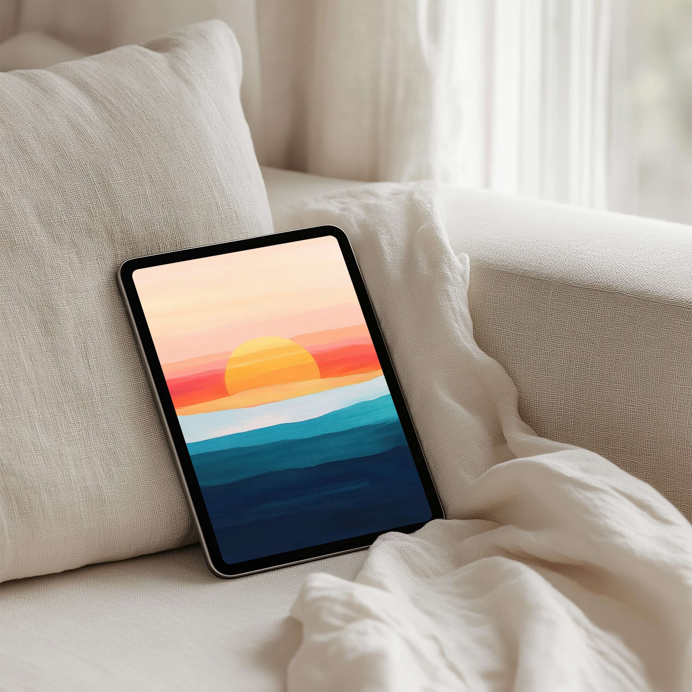 Tranquil sunset iPad background on tablet for instant download offers calming elegance to inspire mindful moments and design harmony