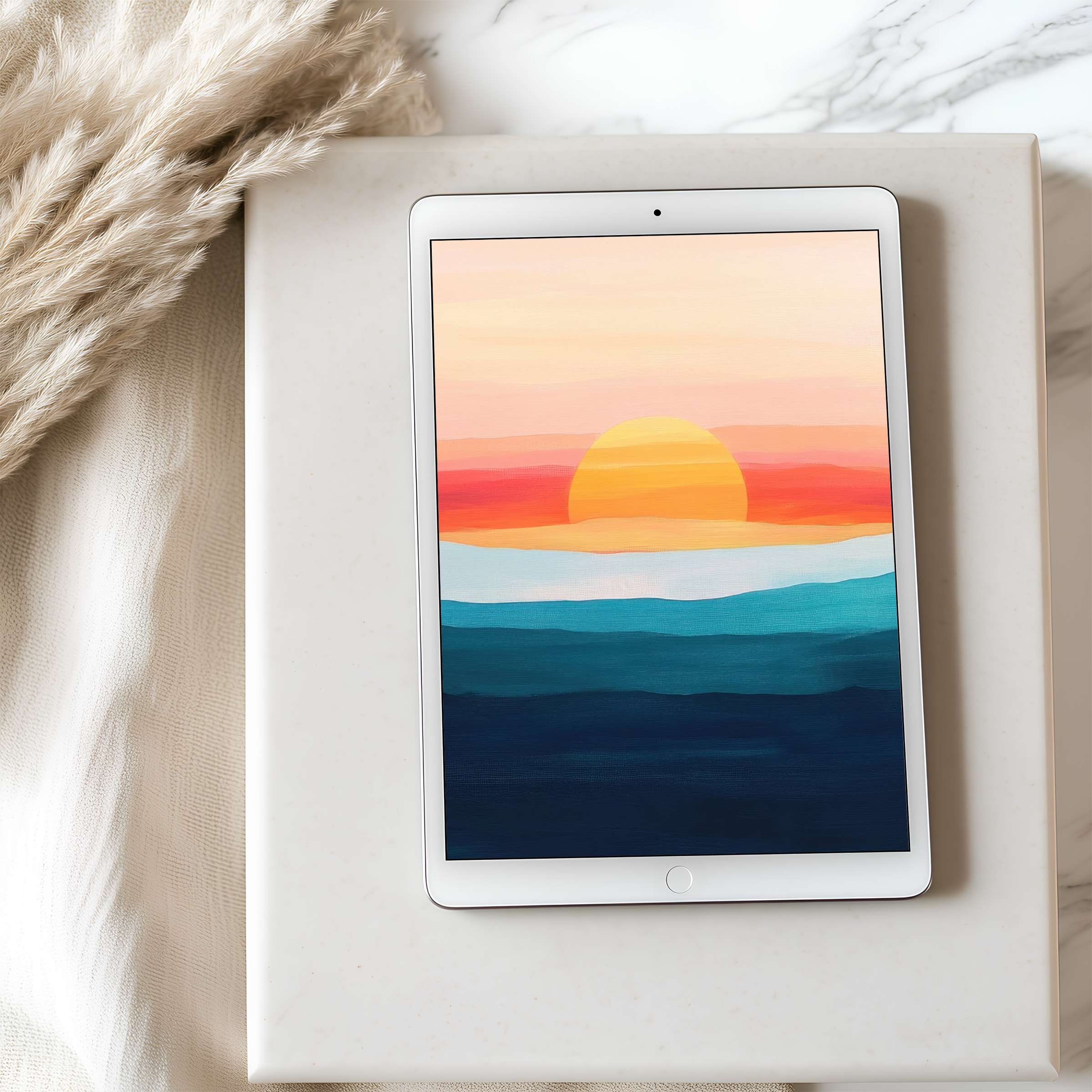 Elegant tablet wallpaper with serene sunset hues of orange, pink, and blue; ideal for curated digital iPad or Android use