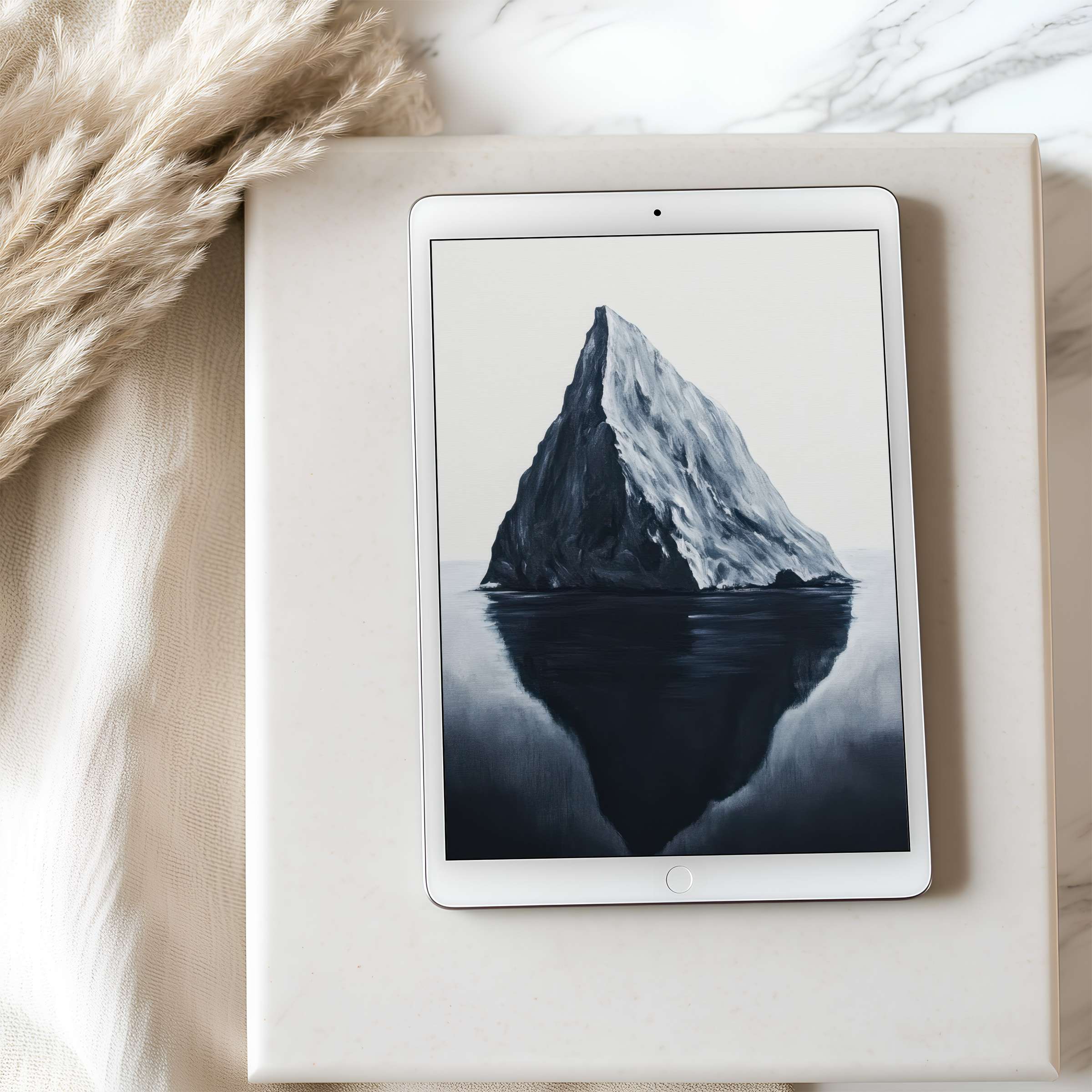 Elegant high-resolution tablet wallpaper featuring a serene iceberg painting on an iPad, perfect for calm digital downloads and stylish interiors