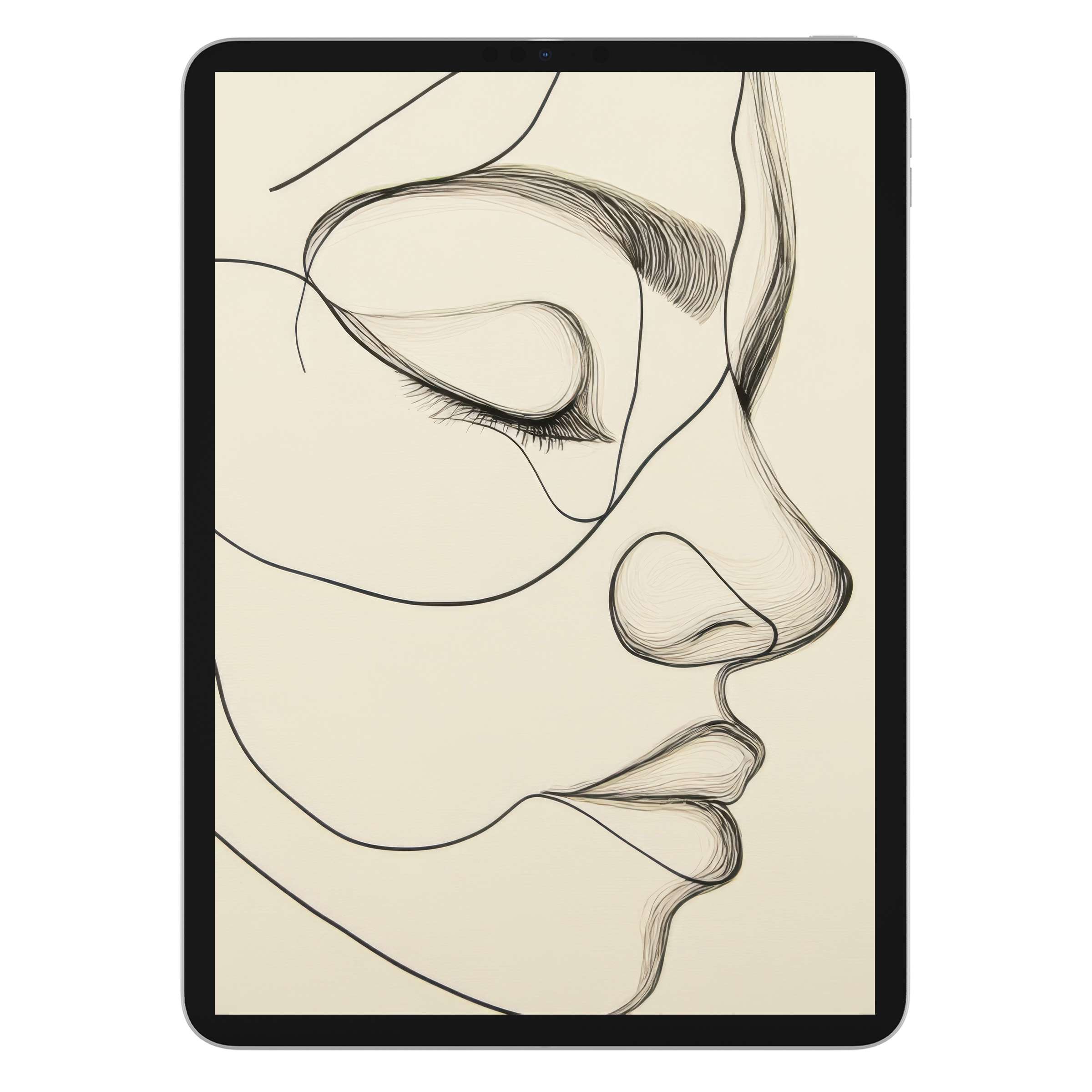 Elegant minimalist iPad wallpaper featuring a serene line art face sketch, ideal tablet background for a calming digital download