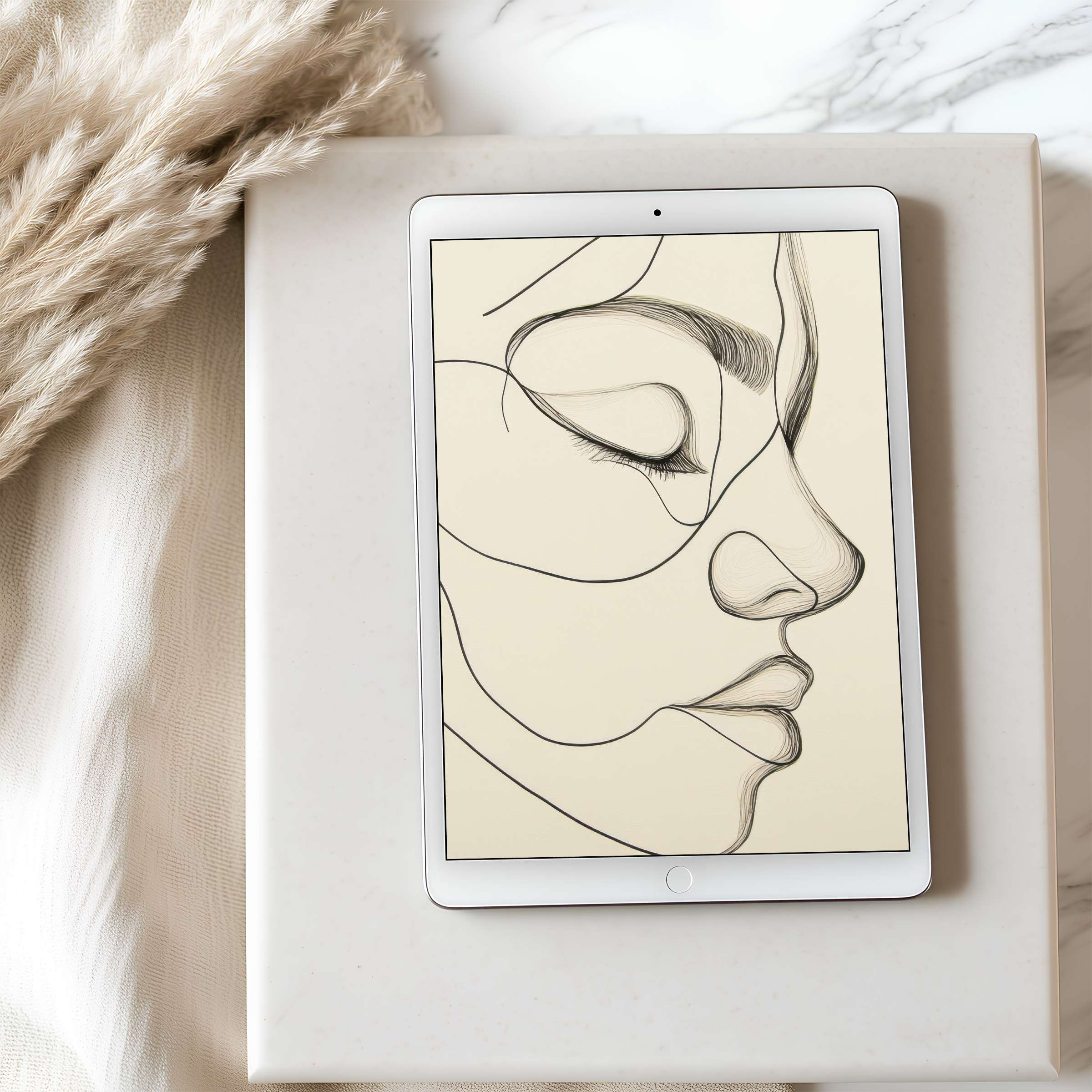 Elegant line drawing on a tablet wallpaper offers serene beauty and high resolution for iPad and Android, perfect for digital download