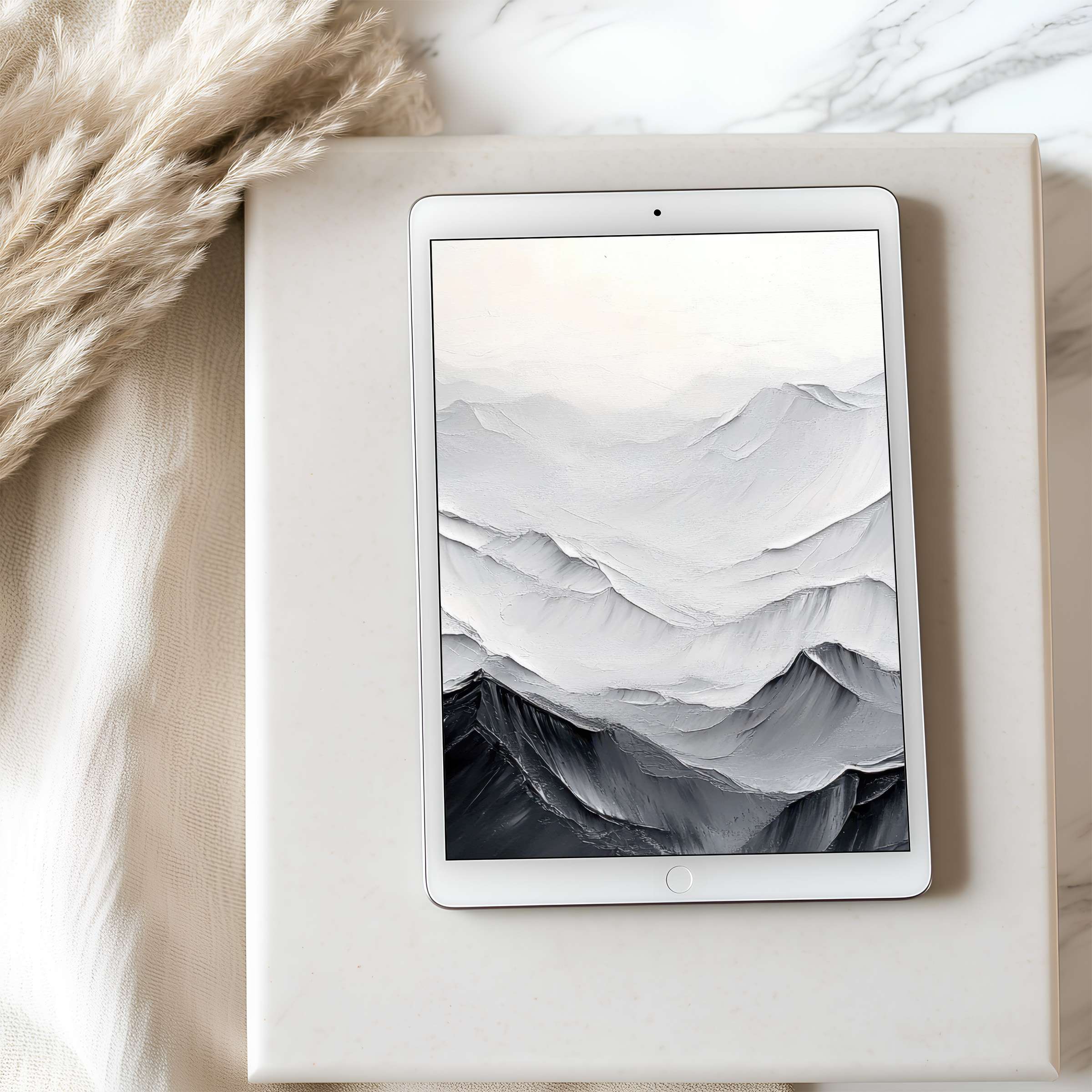 Serene grayscale mountain art tablet wallpaper exudes calm in a high resolution setting, perfect for iPad or Android download