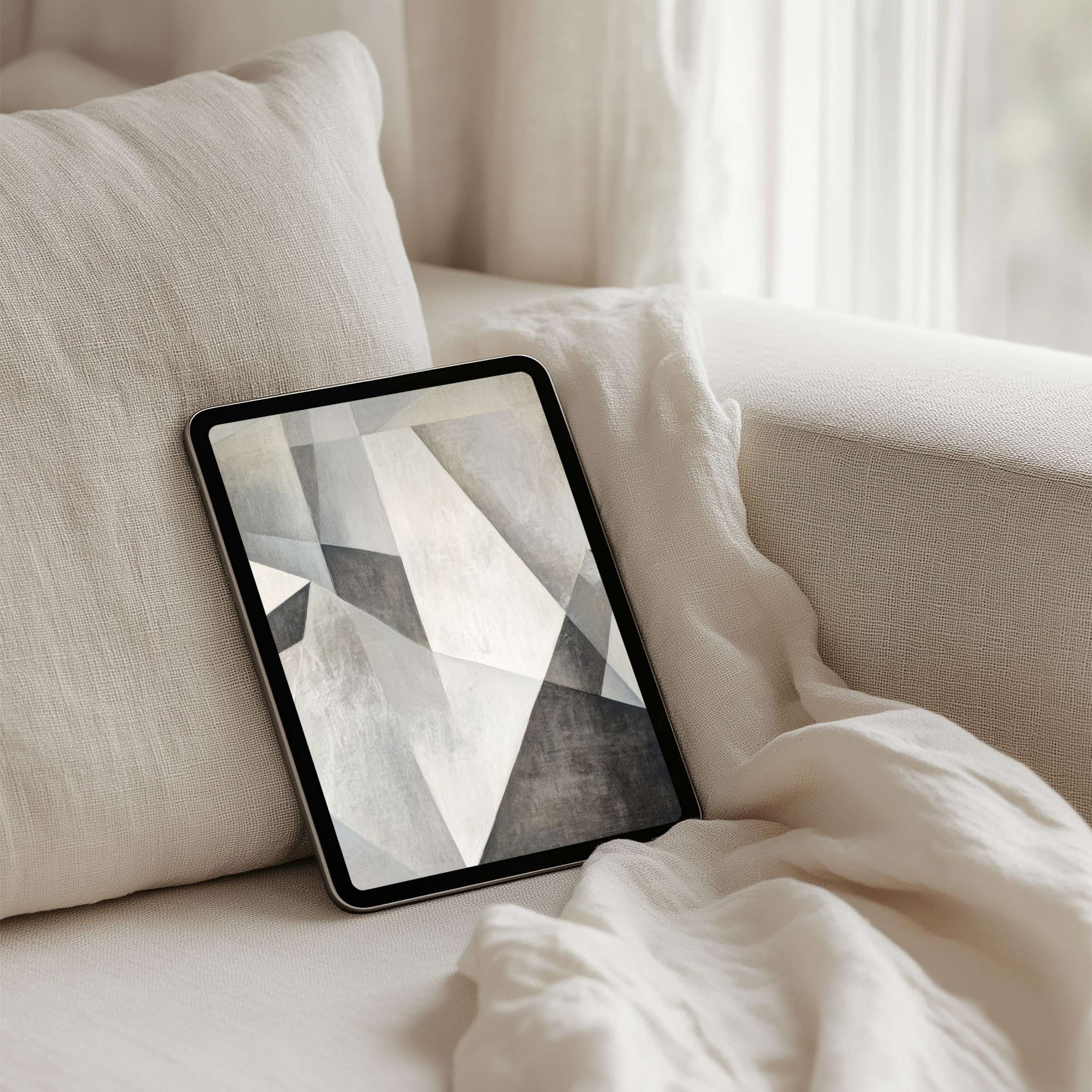 Elegant geometric iPad background in soothing greys promotes calm, fits tablets, ideal for instant download, inspires mindfulness