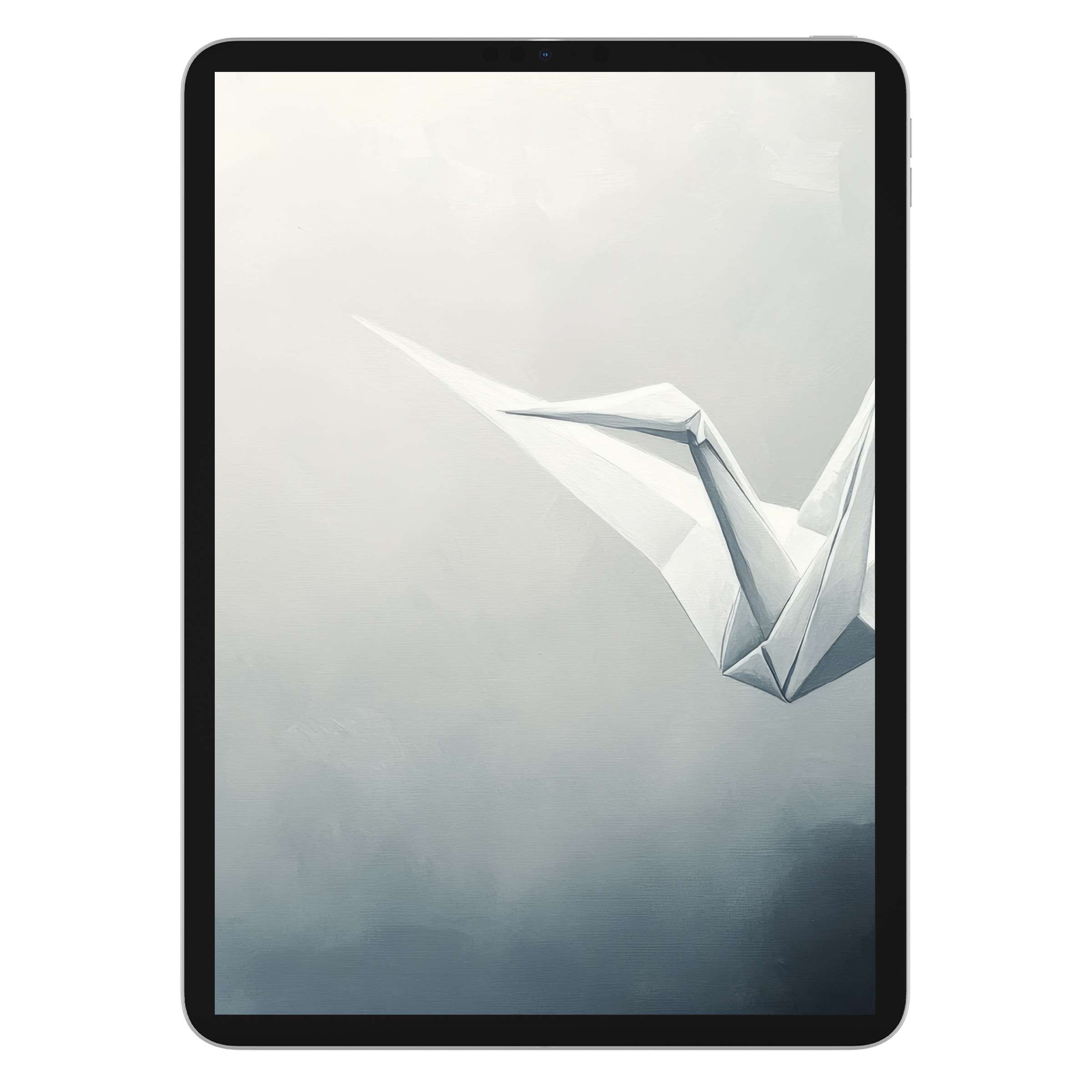 Sleek minimalist iPad wallpaper featuring a serene origami crane against a soft gradient background perfect for tablet digital download