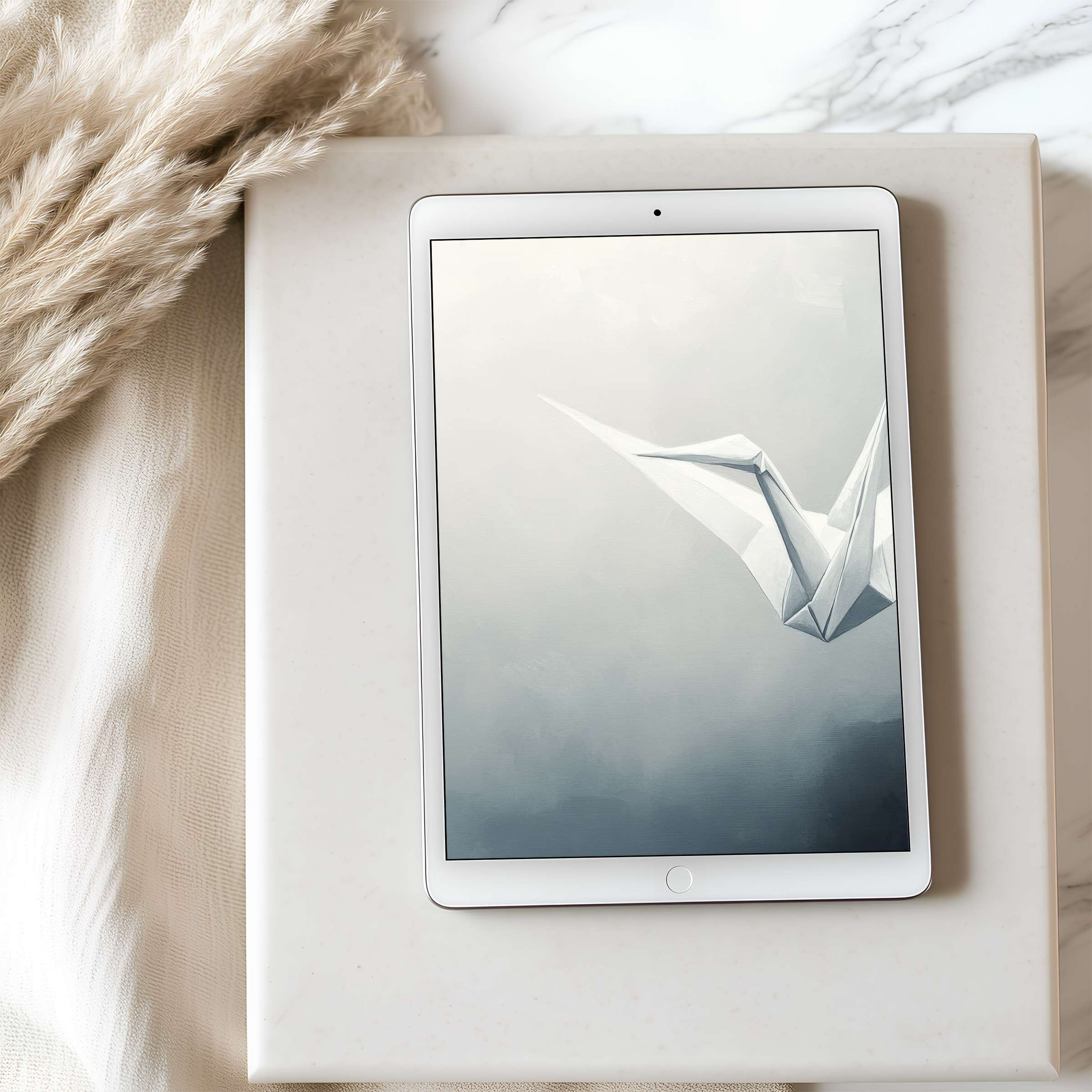 Serene tablet wallpaper features an origami bird in soft tones, blending elegance and tranquility, ideal for high-resolution iPads and Androids