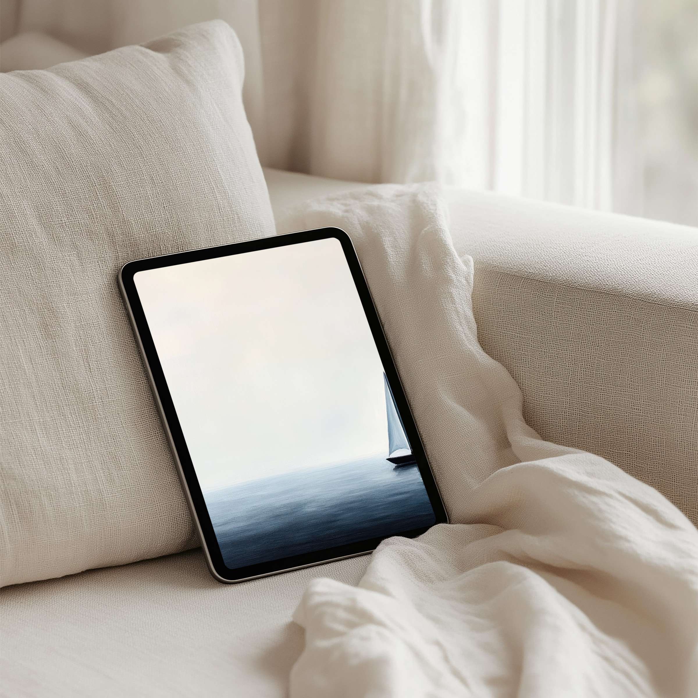 Elegant iPad background with serene sea view on a tablet offering instant download for mindfulness and calm in your space