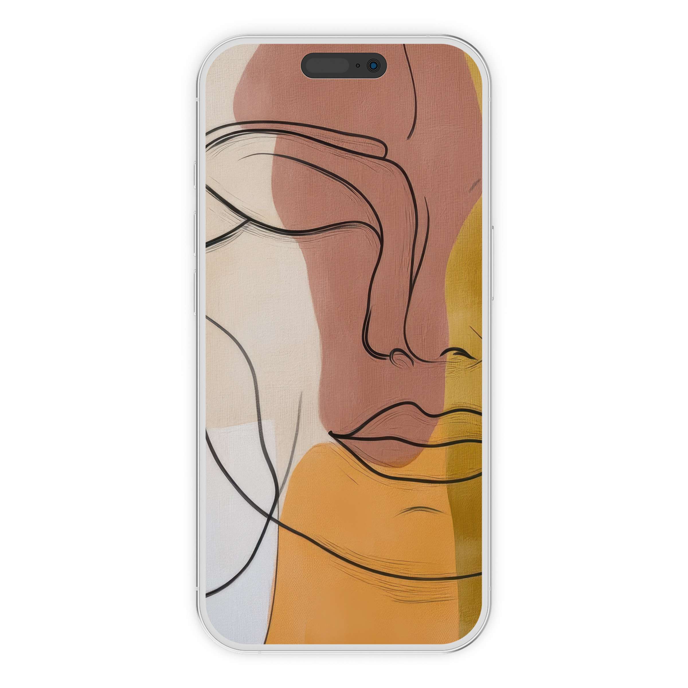 Minimalist iPhone wallpaper featuring elegant abstract face illustration with warm earth tones perfect for phone background digital download