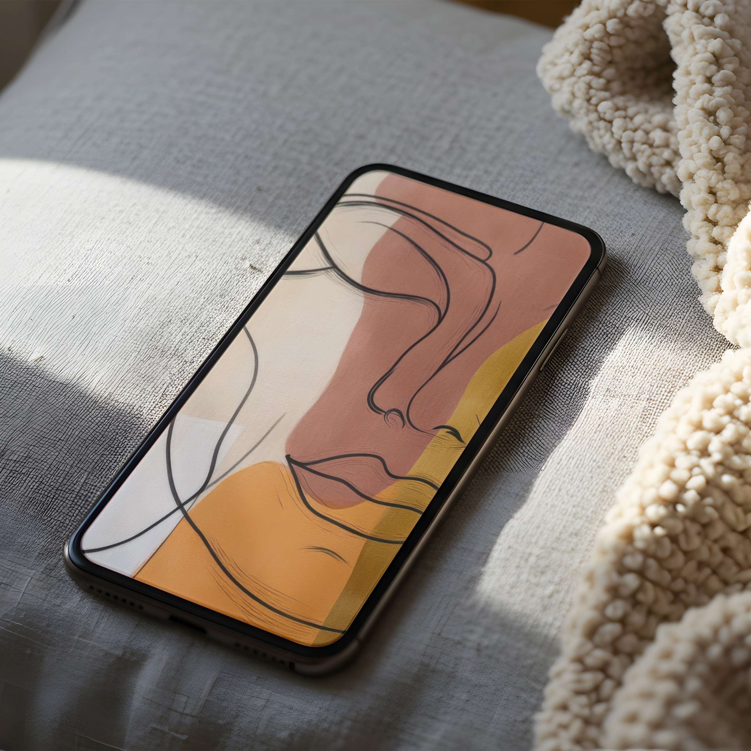 Elegant phone wallpaper featuring abstract line art with warm earthy tones on a cushion background suits iPhone and Android downloads