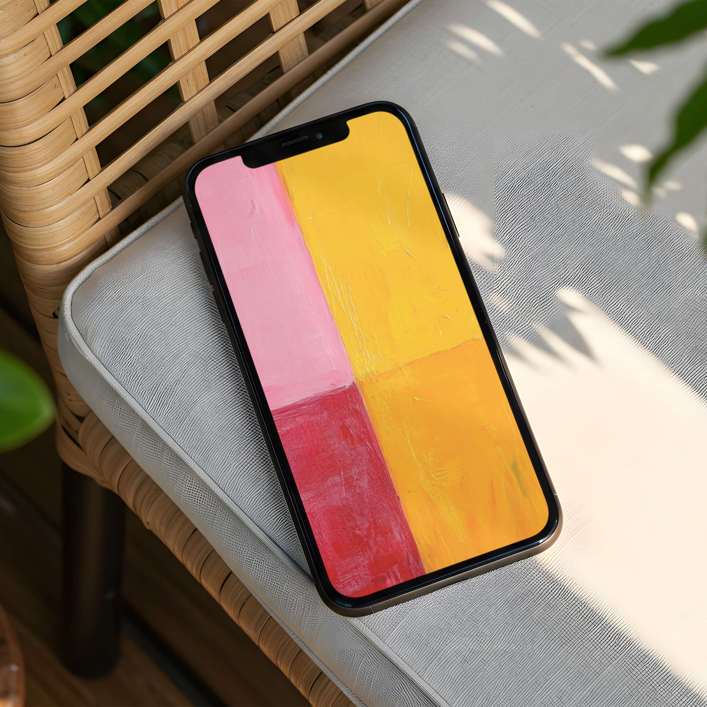 Vibrant abstract iPhone background in pink and yellow blocks evokes calm elegance on your phone screen instant download available