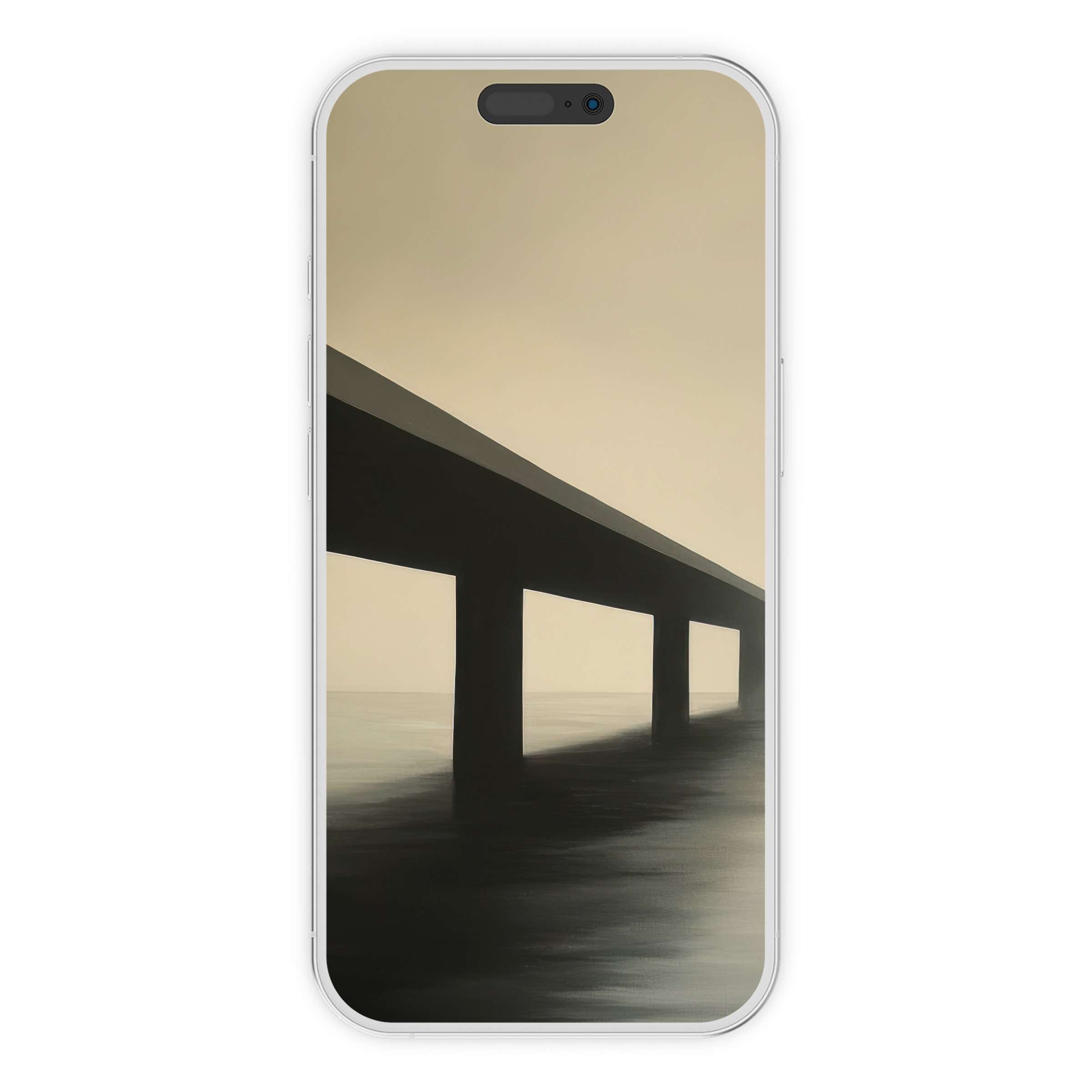 Elegant minimalist iPhone wallpaper featuring a serene bridge over water in soft tones offers calming phone background digital download