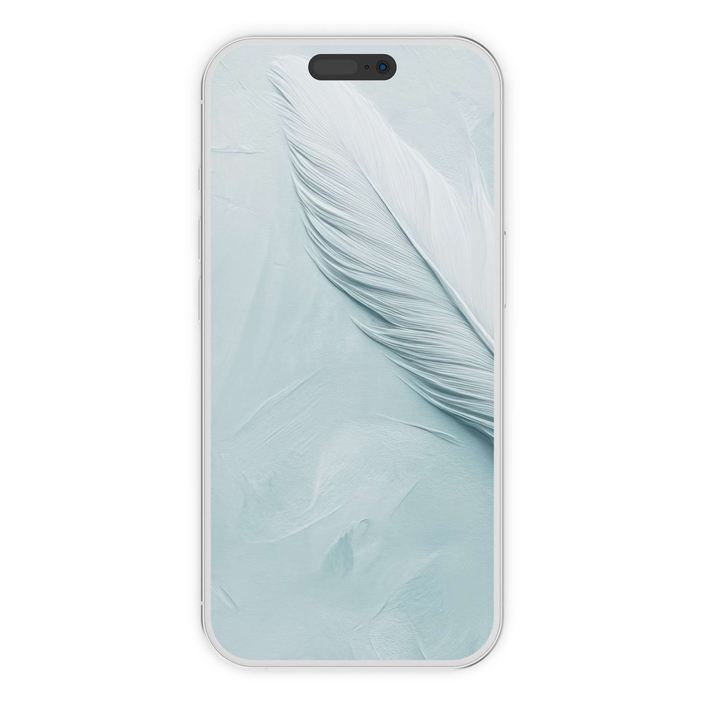 Elegant minimalist iPhone wallpaper with serene feather motif in soft blue hues enhances phone background aesthetics digital download
