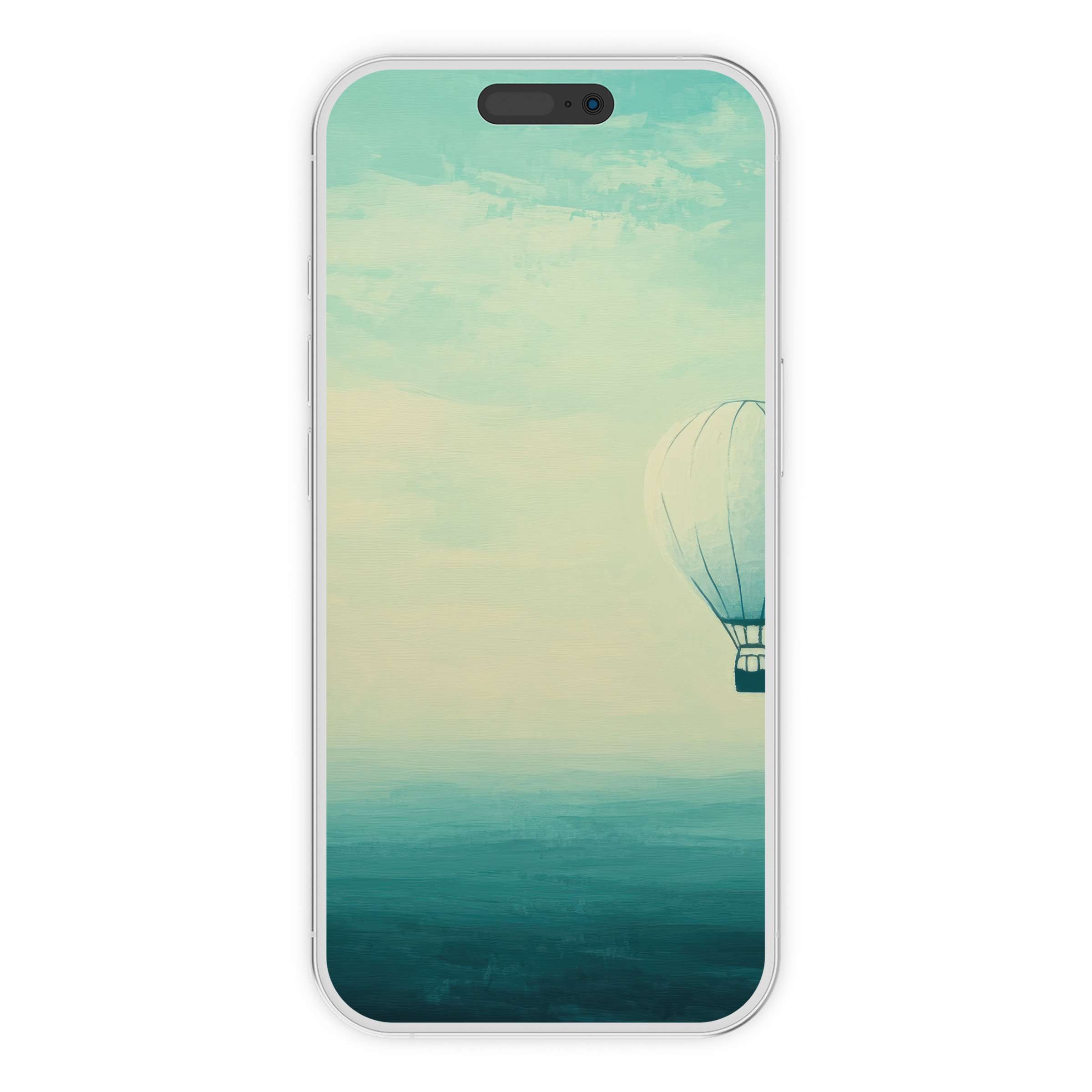 Serene minimalist iPhone wallpaper with a watercolor hot air balloon on a pastel sky phone background digital download tranquility