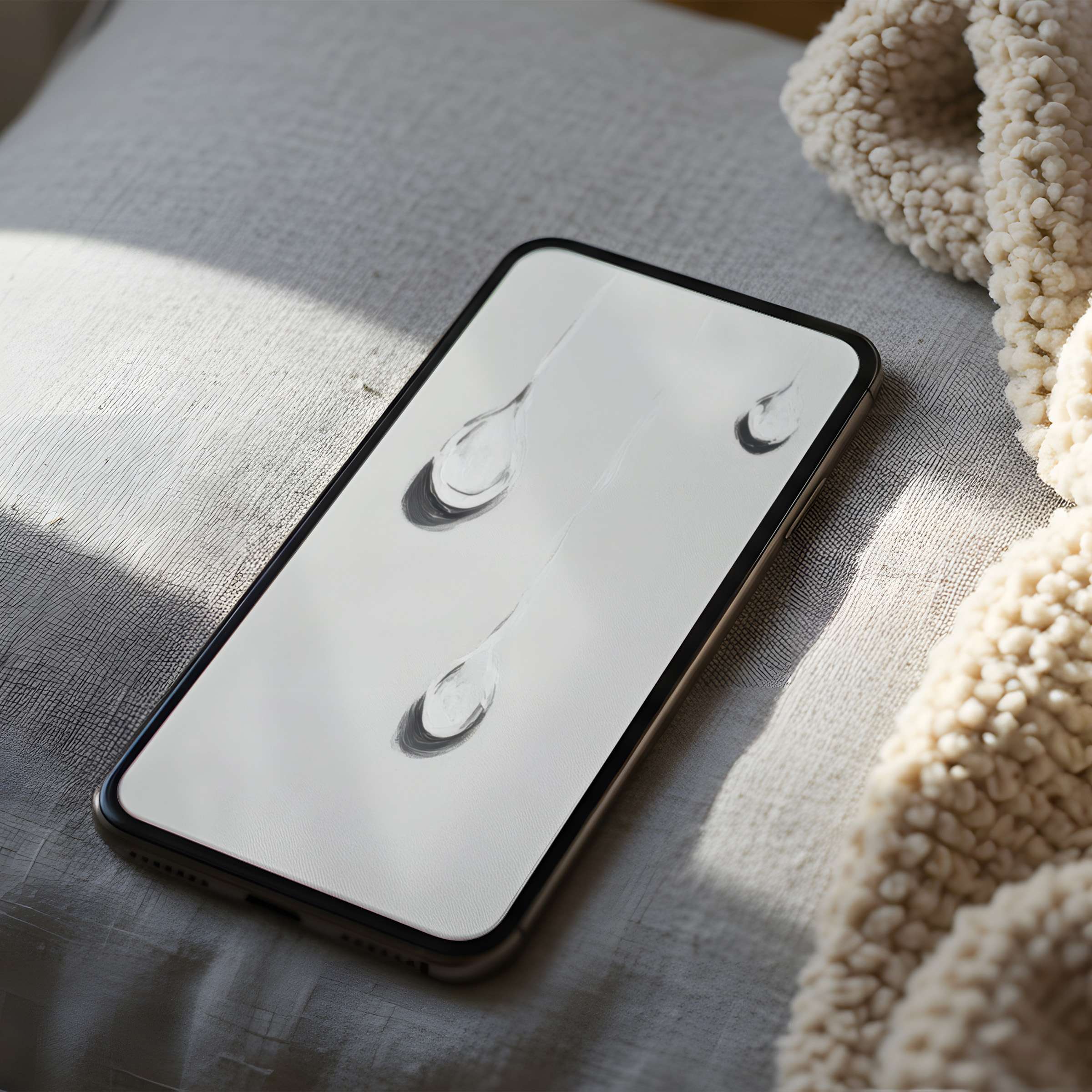 Elegant rain drop phone wallpaper in high resolution, set on soft textured fabric for a calming, curated digital download experience