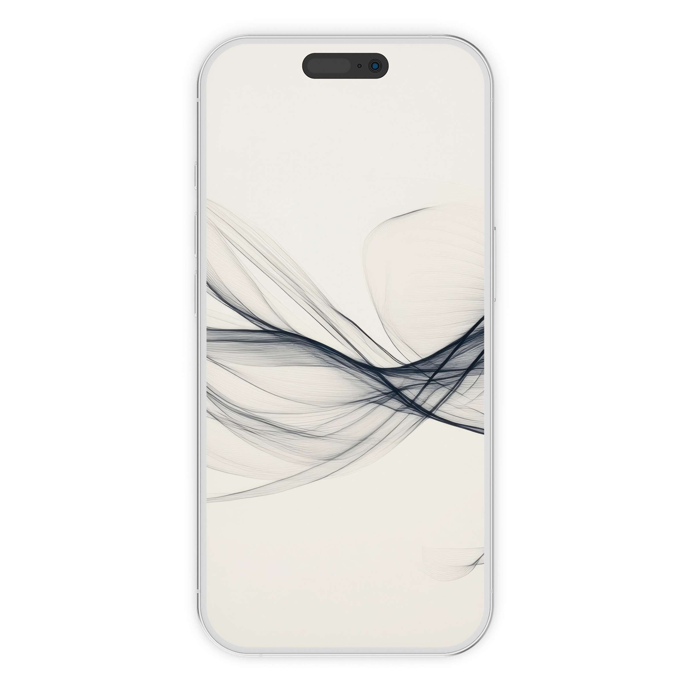 Elegant minimalist iPhone wallpaper featuring fluid black lines on a soft white background for serene digital download phone decor