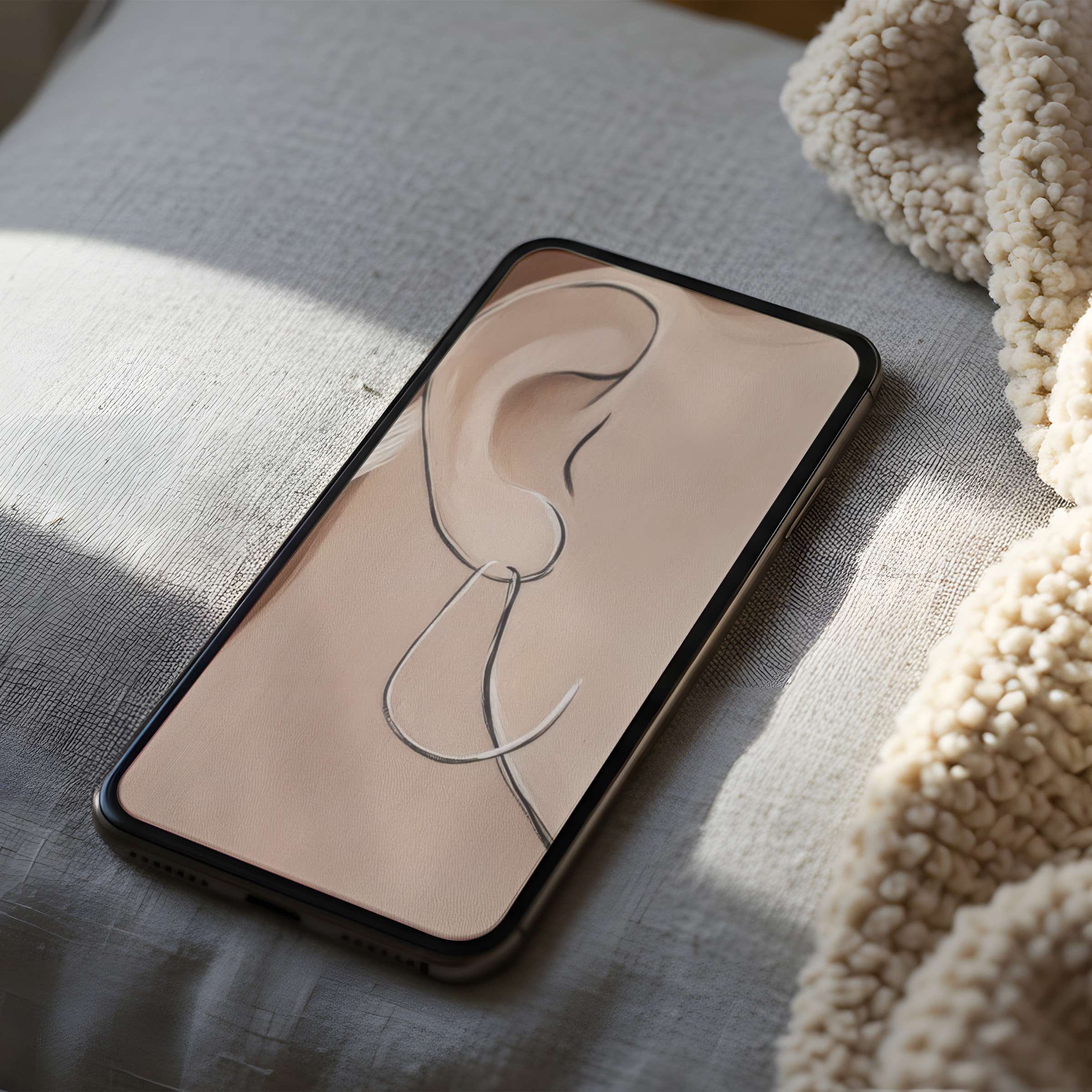 Elegant phone wallpaper featuring minimalist line art on soft beige, nestled in cozy textures, perfect for high resolution iPhone use