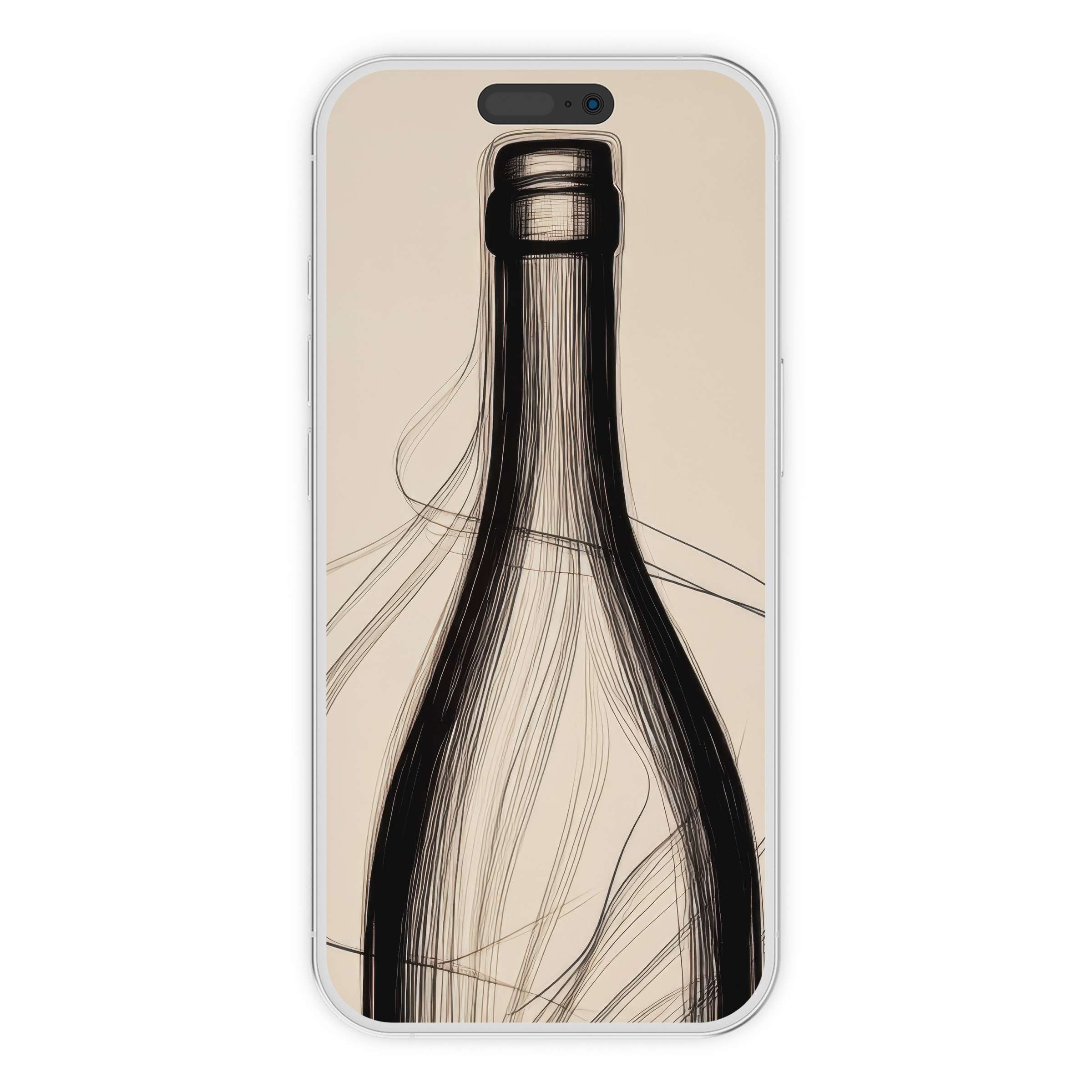 Minimalist iPhone wallpaper featuring abstract black lines forming a bottle on a beige background for an elegant phone design digital download