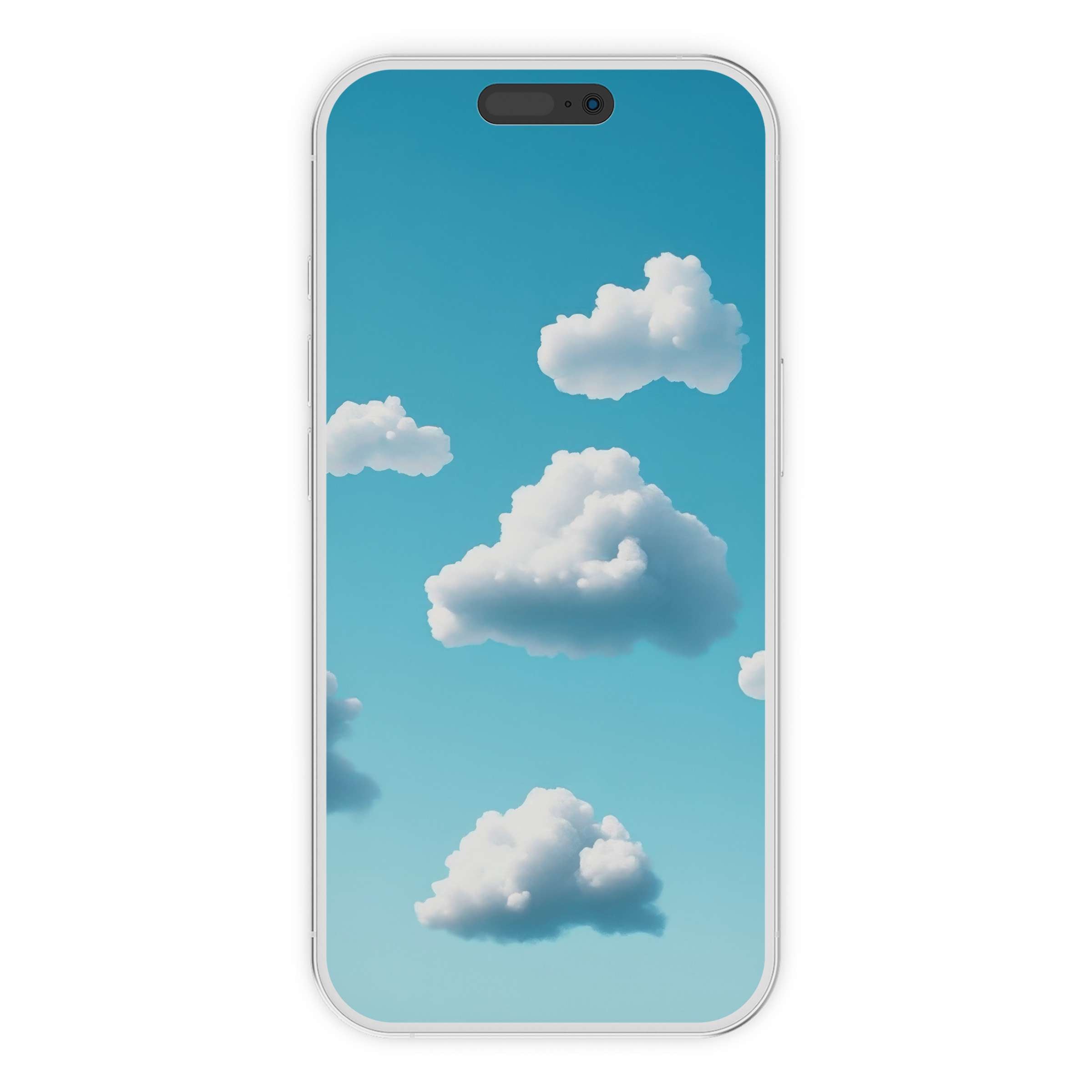 Minimalist iPhone wallpaper showcases serene clouds on a blue sky phone background, perfect digital download for calming elegance