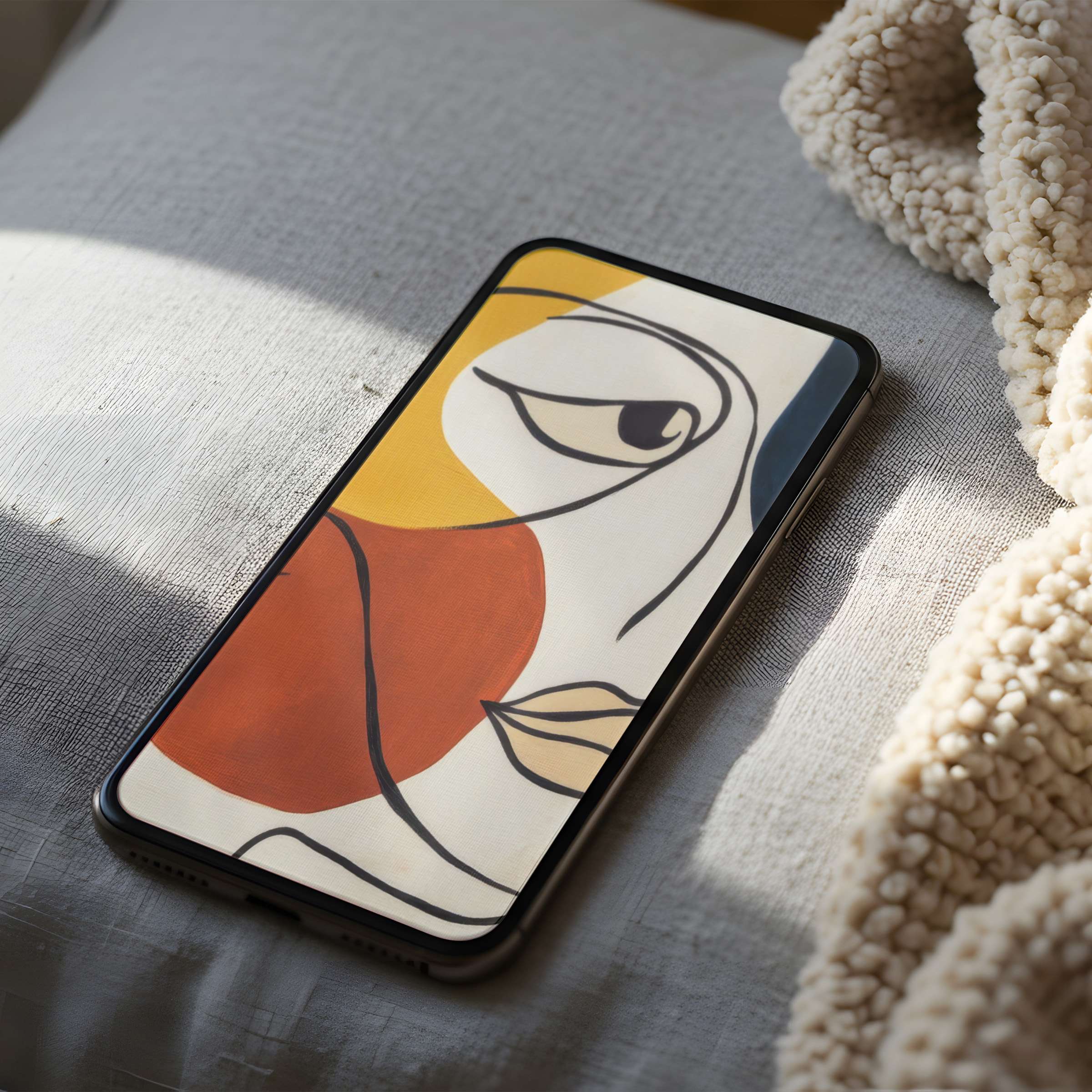 Elegant abstract phone wallpaper in soft earth tones on a bed, perfect digital download for iPhone and Android high resolution