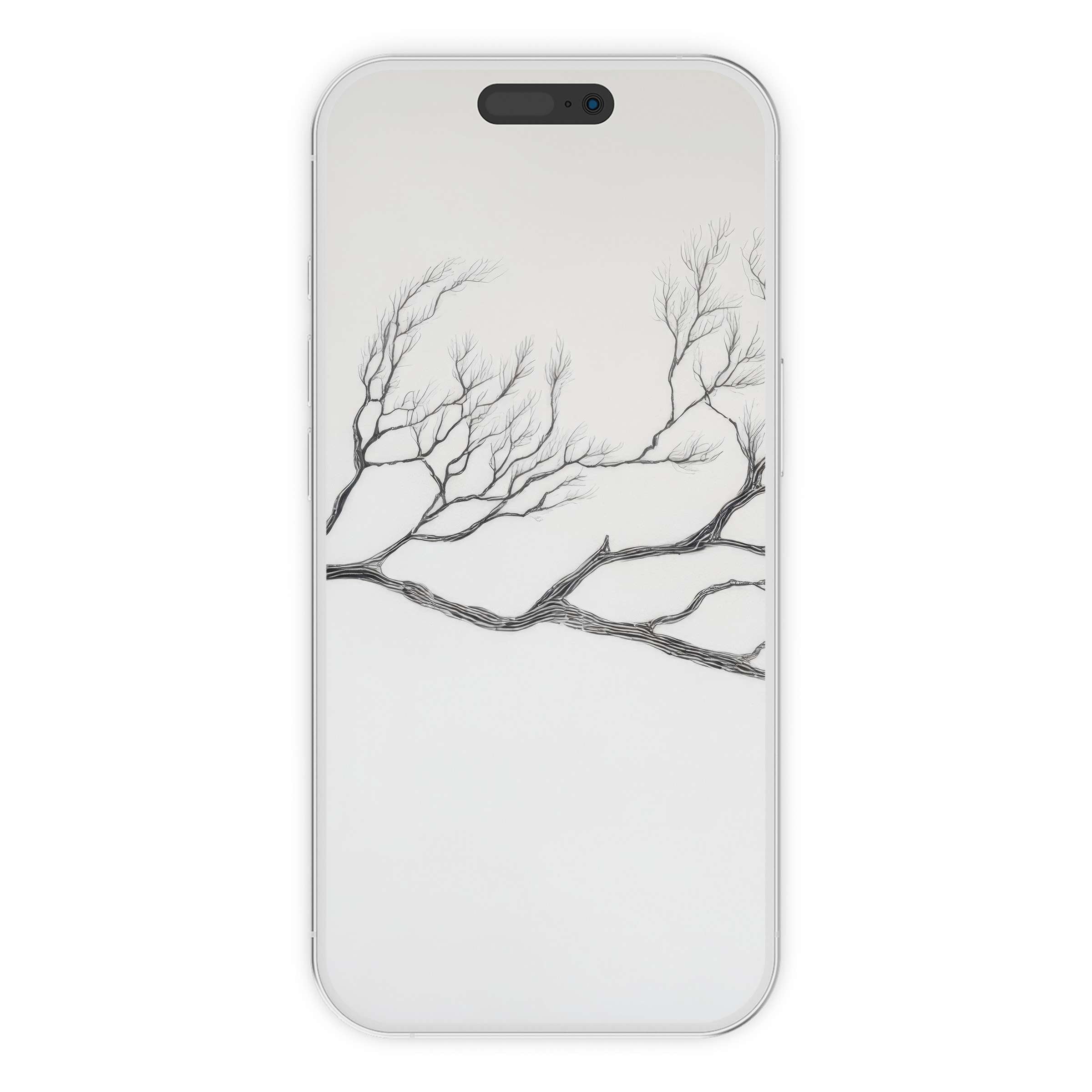 Minimalist iPhone wallpaper featuring elegant black tree branches on a white background digital download for phone serenity