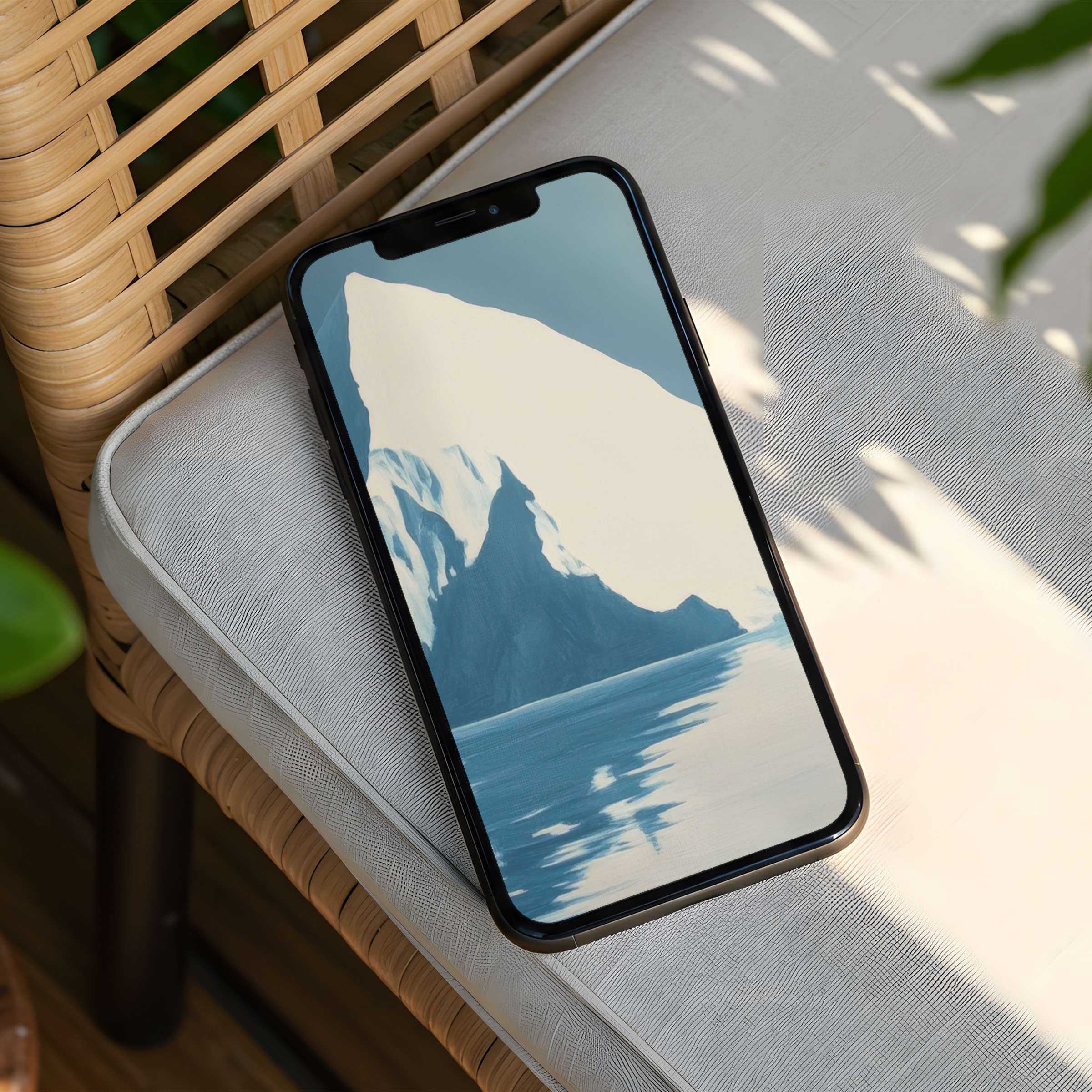 Elegant iPhone background with serene blue and white abstract mountain art for phone instant download inspiring calm aesthetics