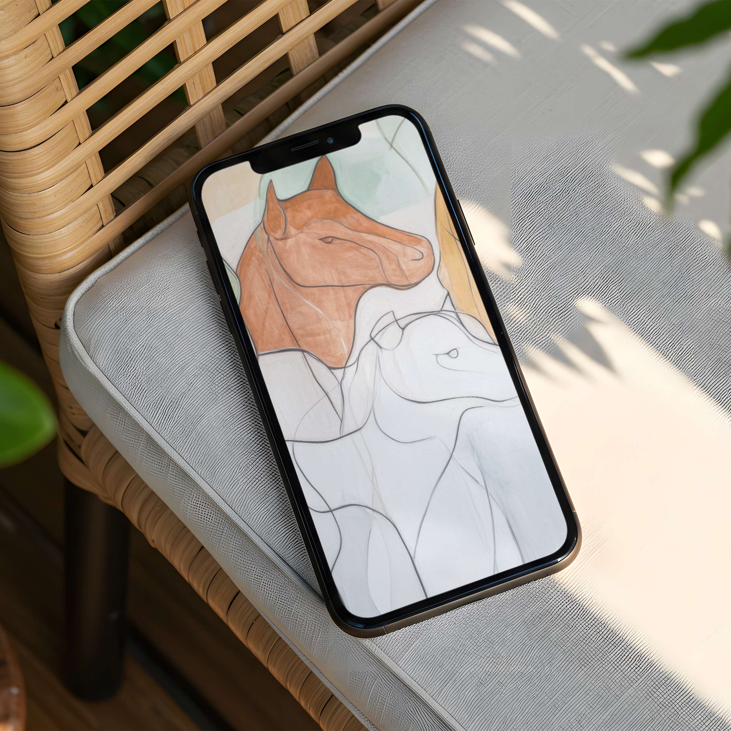Elegant abstract horse design on iPhone background brings calm and mindfulness, ideal for phone decor with instant download option