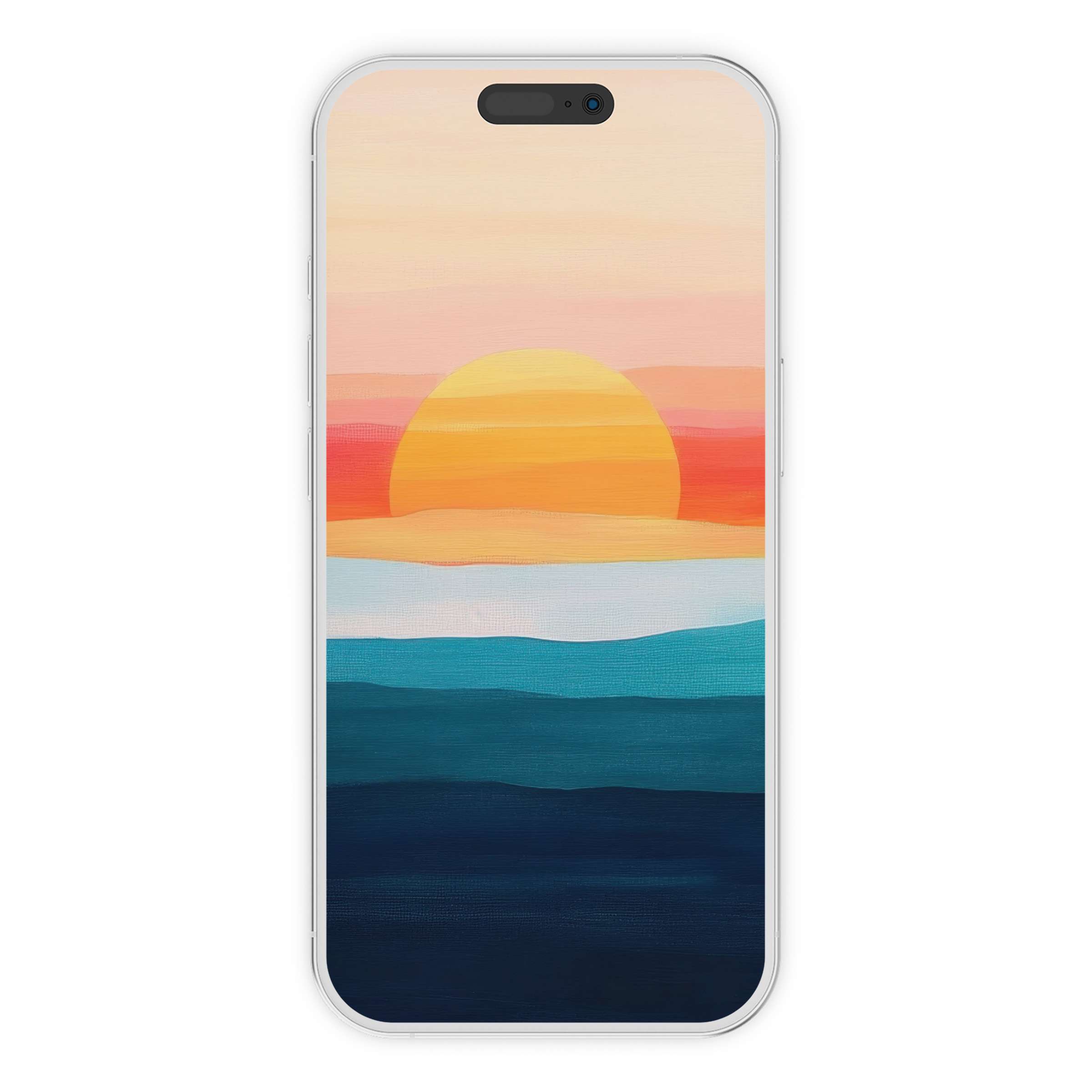 Vibrant minimalist iPhone wallpaper featuring a serene sunset over blue waves offers an inspiring digital download for phone backgrounds