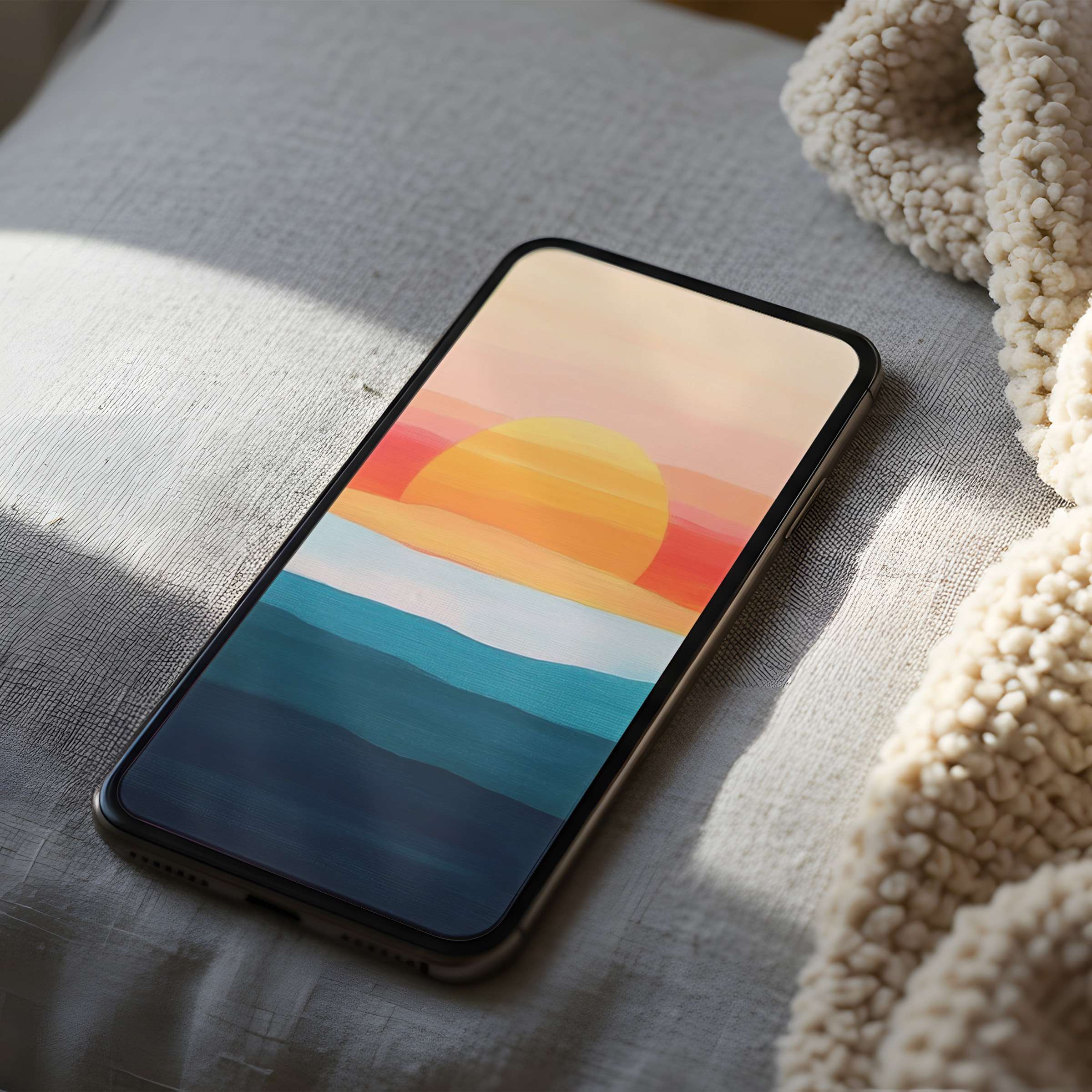 Serene sunset phone wallpaper features warm hues and ocean waves, offering elegance and calm for iPhone and Android digital download