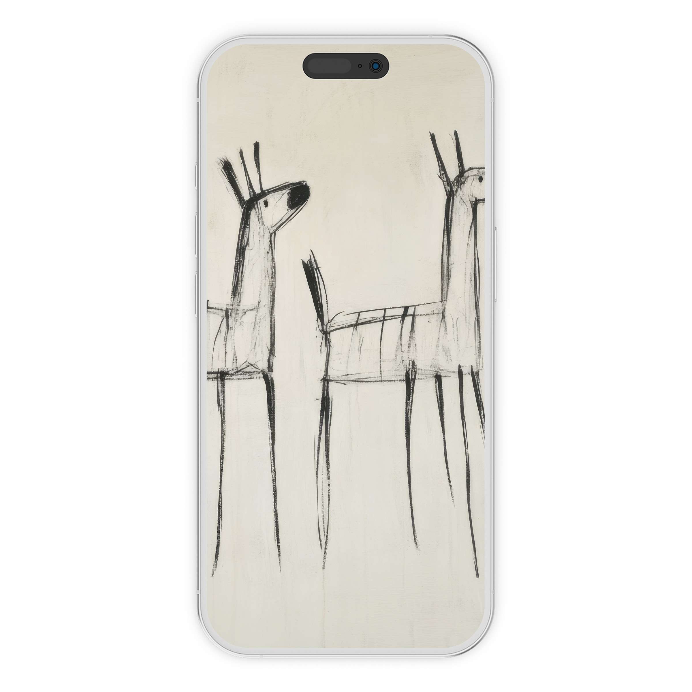 Minimalist iPhone wallpaper with elegant black line deer sketch on beige background offers a calm, artistic digital download phone design