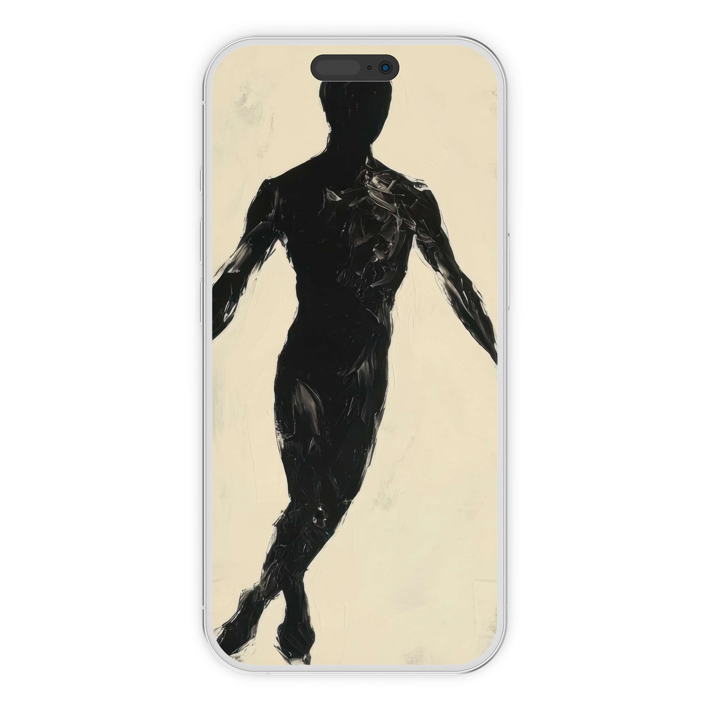 Minimalist iPhone wallpaper with a black silhouette on a cream background, offering a calming digital download for elegant phone design