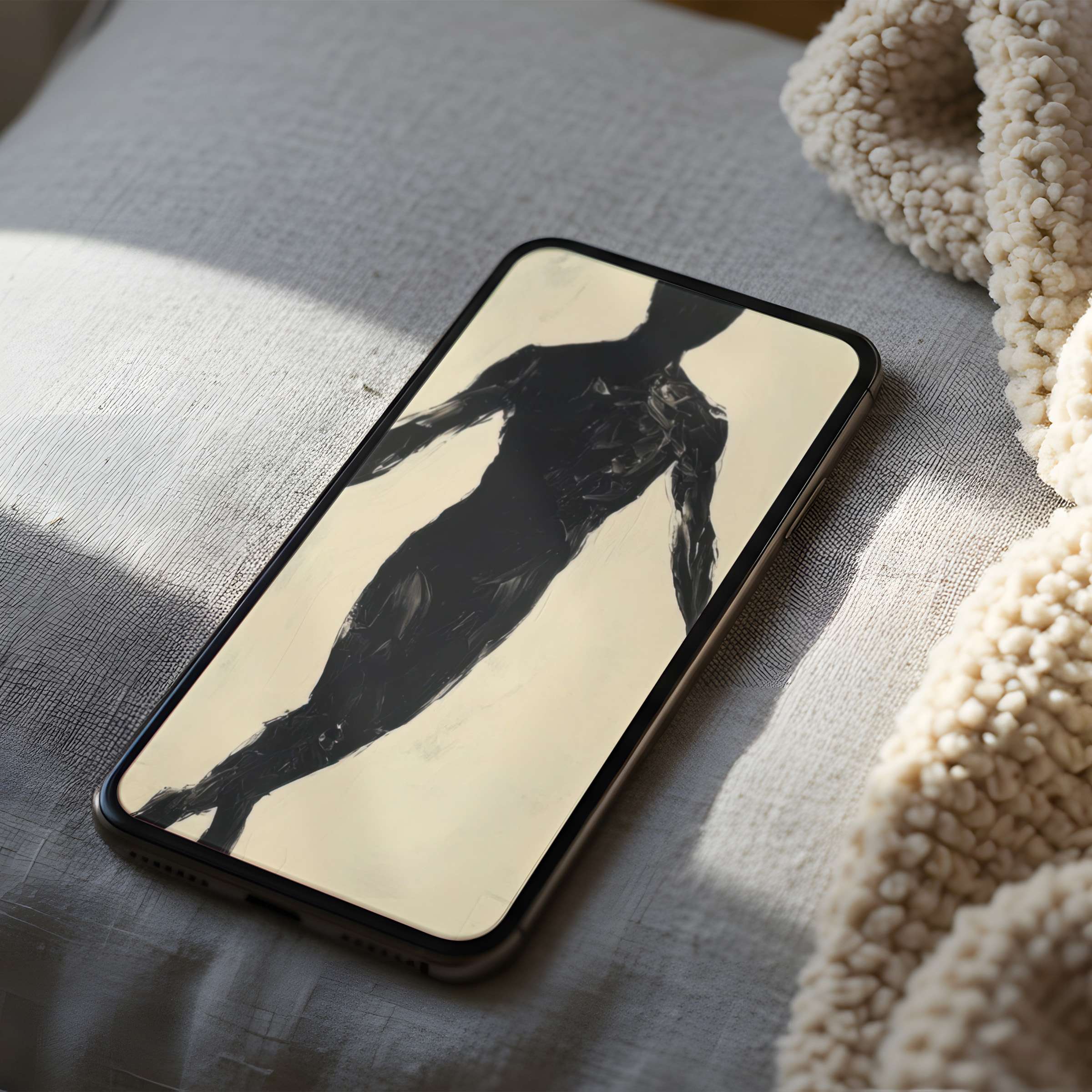 Shadowy abstract phone wallpaper featuring a serene figure in high resolution, ideal for iPhone and Android, enhancing calm and elegance