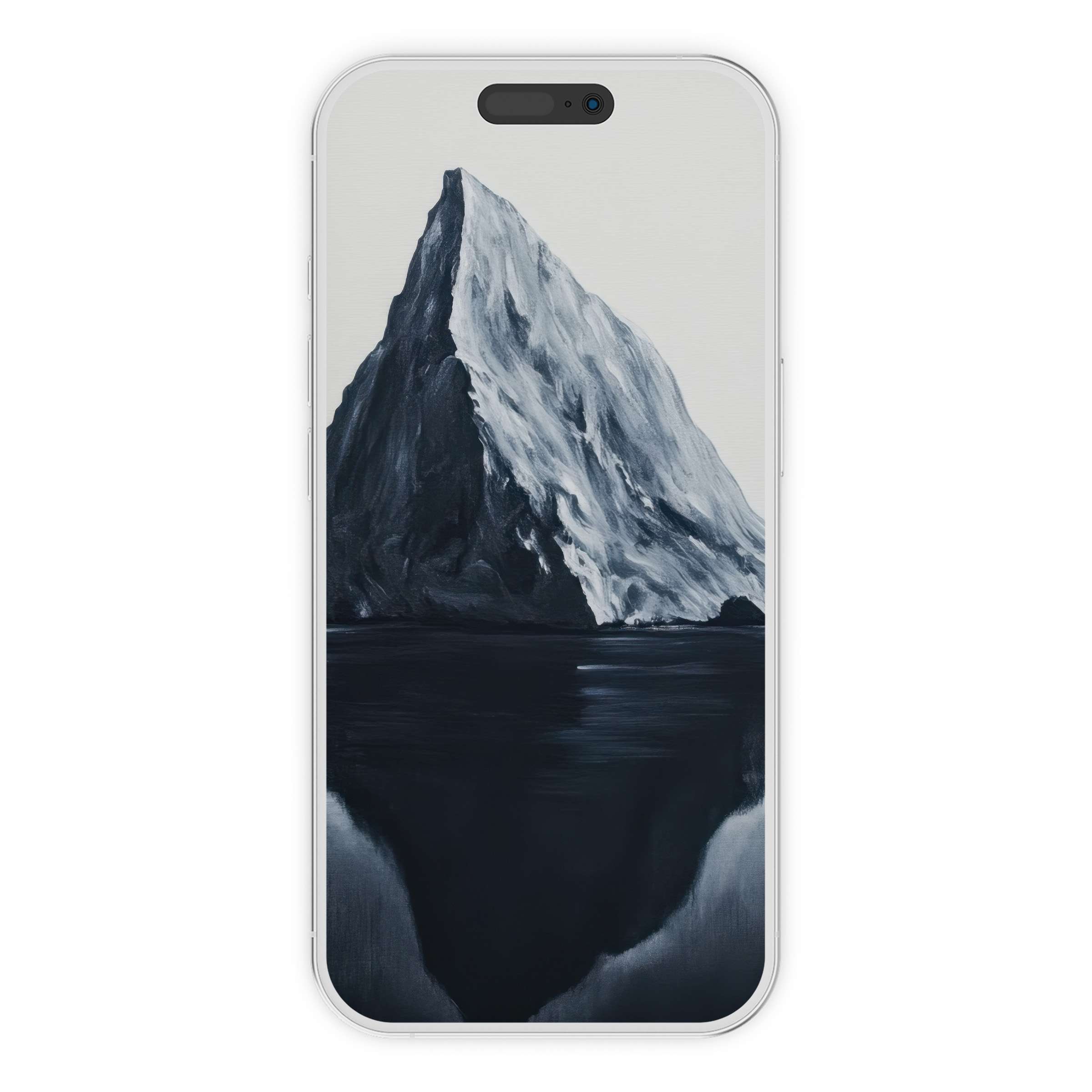 Serene minimalist iPhone wallpaper featuring a monochrome mountain reflection, offering calm elegance for phone backgrounds digital download