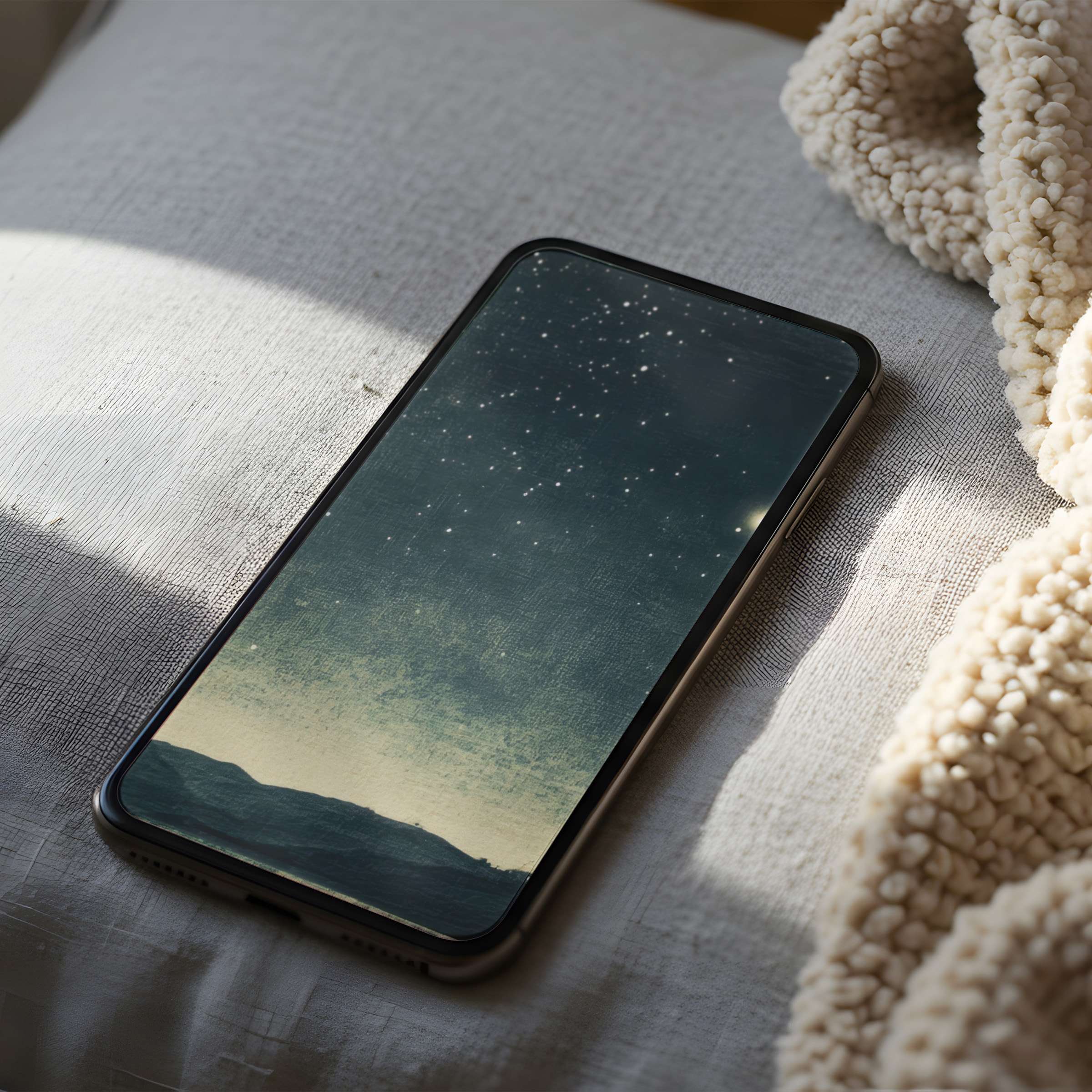 Elegant starry night phone wallpaper in high resolution on a cozy bed setting inspires tranquility suitable for iPhone and Android