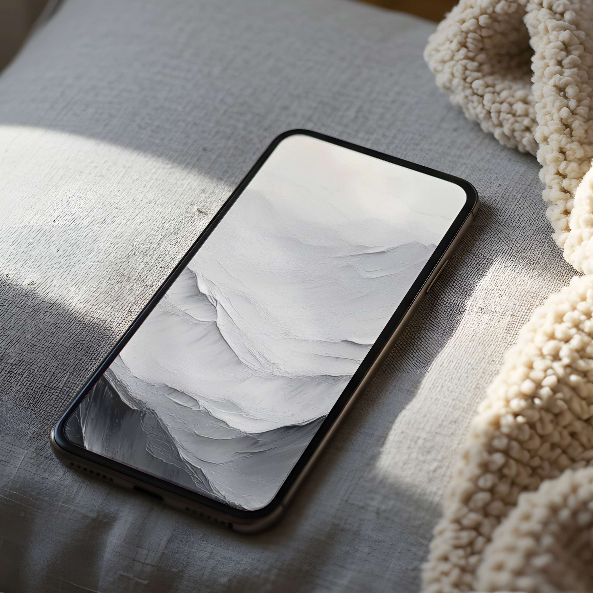 Elegant phone wallpaper in high resolution showcases serene abstract textures in soft whites, perfect for iPhone and Android devices
