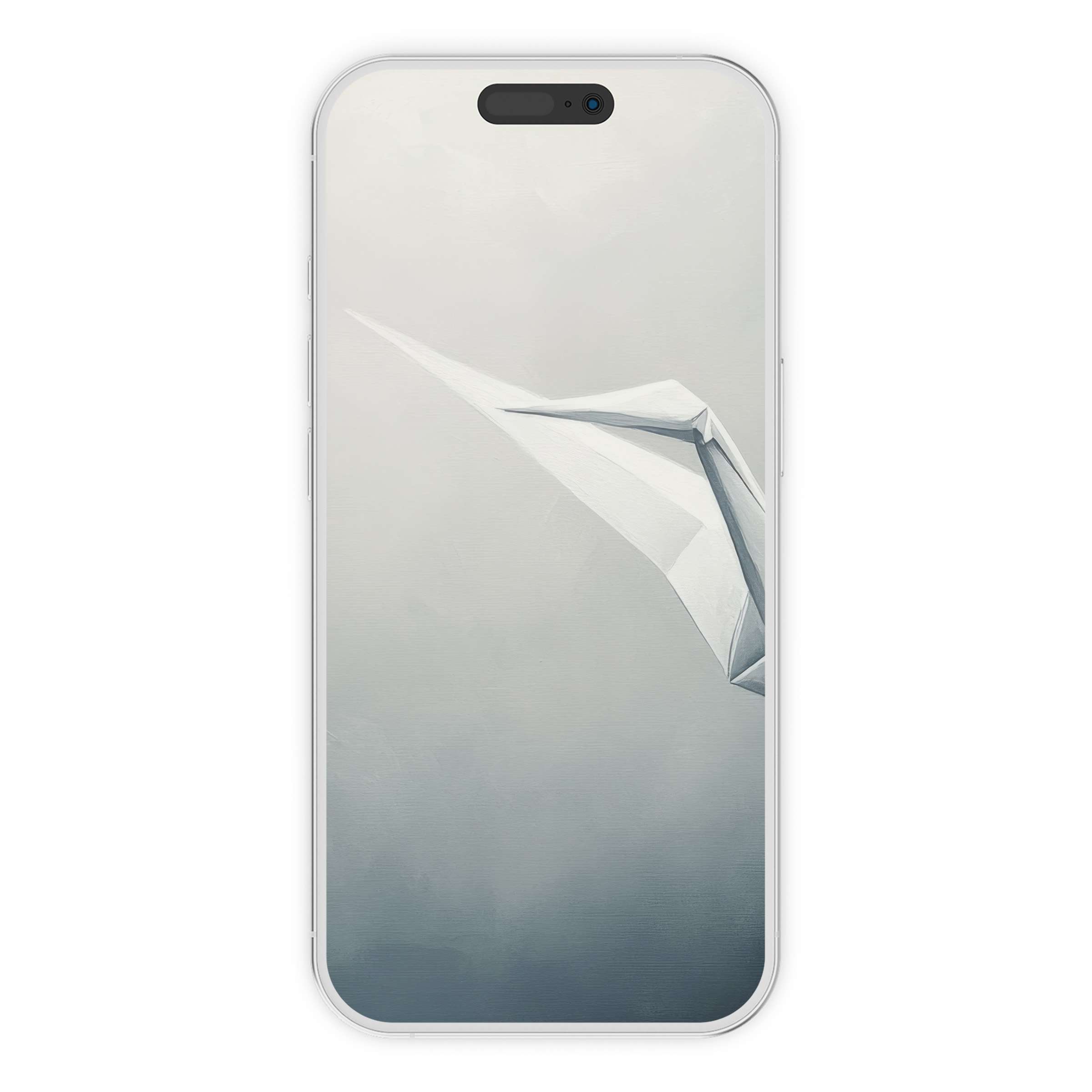 Elegant minimalist iPhone wallpaper featuring a serene paper crane on a subtle gray background perfect for phone digital download
