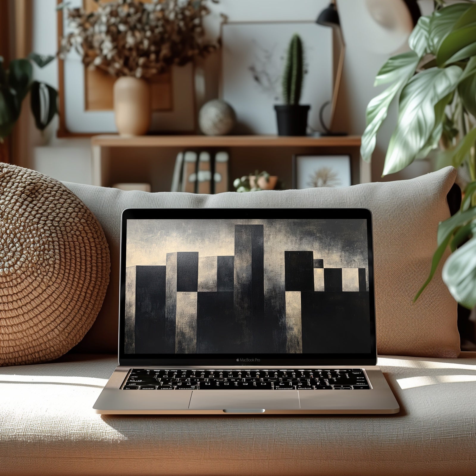 Minimalist desktop wallpaper featuring abstract geometric city shapes in neutral tones, displayed on a MacBook Pro in a cozy modern living room - perfect for adding a sleek and artistic touch to your workspace
