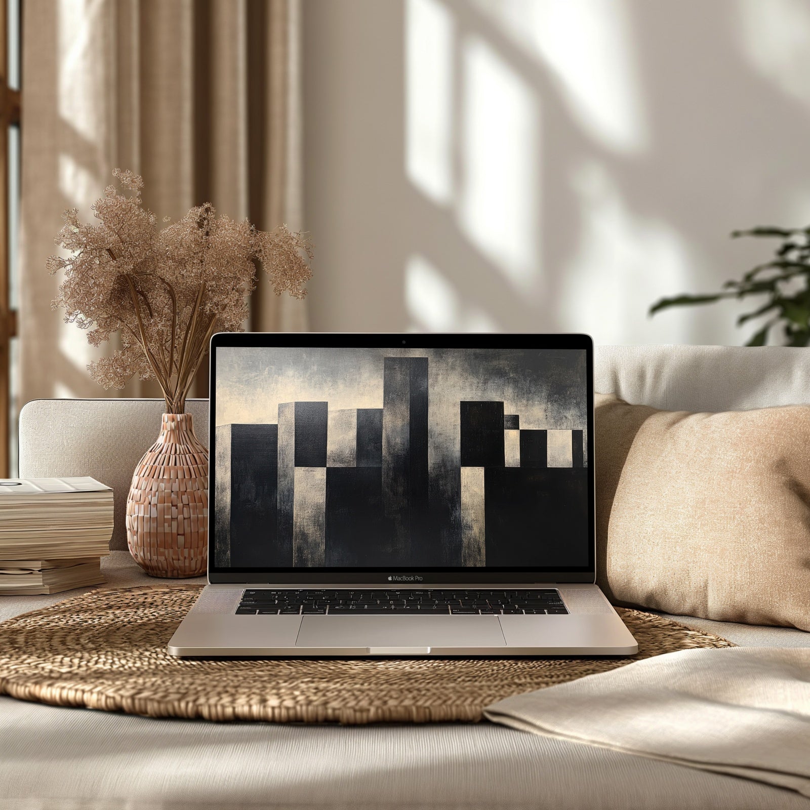 Minimalist Desktop Wallpaper on Laptop in Modern Living Room