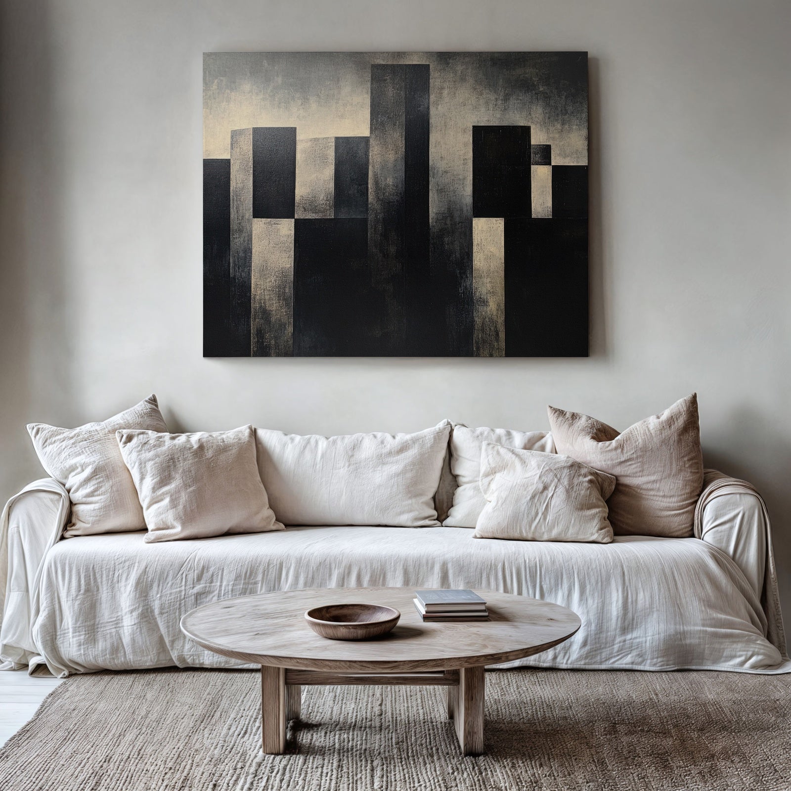 Minimalist digital art print featuring abstract geometric city shapes in muted black and beige tones, adding a modern and sophisticated touch to a neutral living room decor