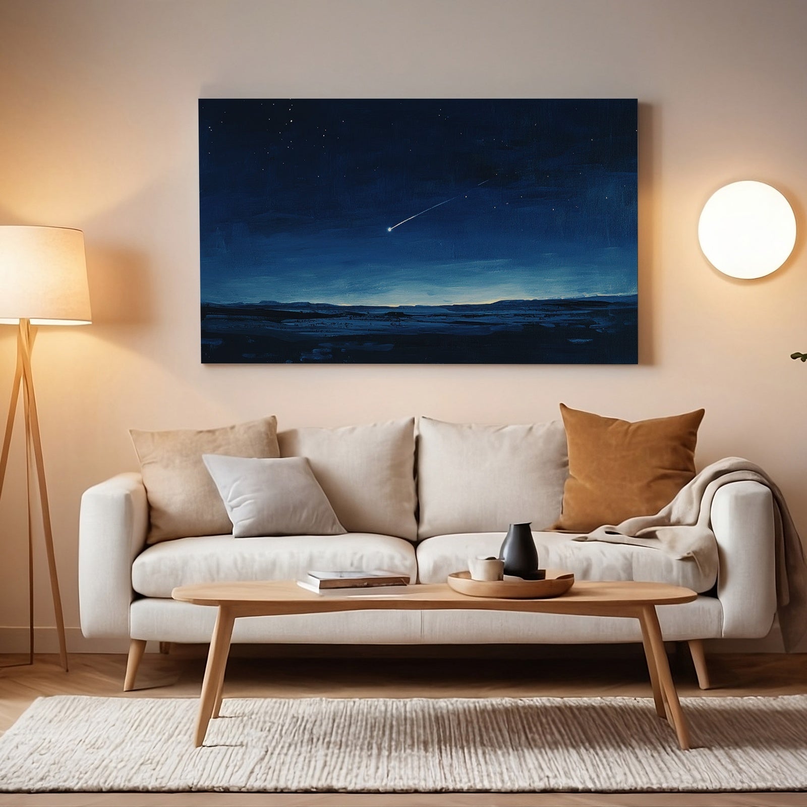 Cozy minimalist living room with warm lighting, featuring a digital art print of a serene night sky and shooting star above a beige sofa with neutral cushions and a wooden coffee table