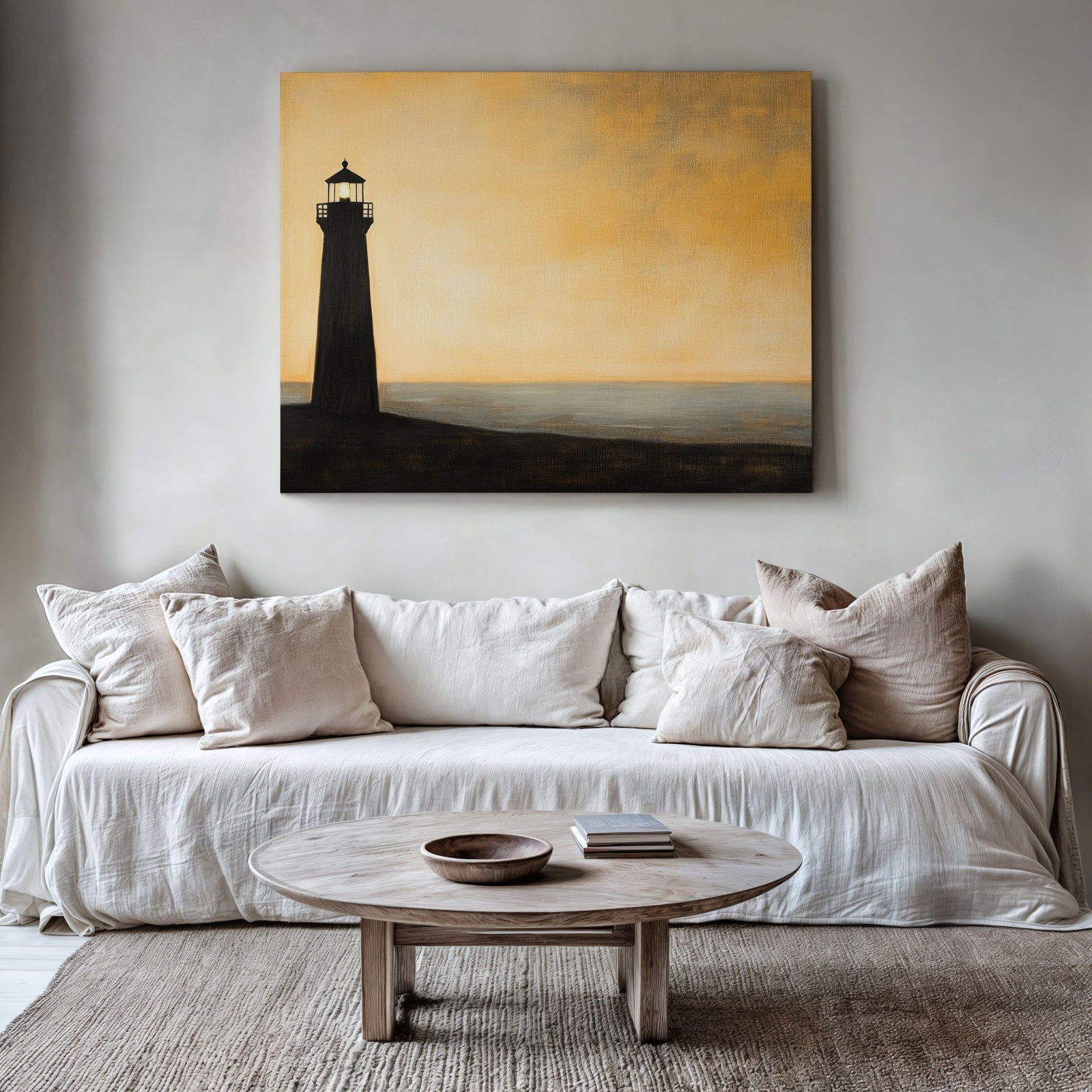 Minimalist coastal lighthouse artwork in warm sunset tones, framed as wall art above a neutral sofa. Soft golden sky, simple silhouette, calm modern decor - perfect for serene, intentional living