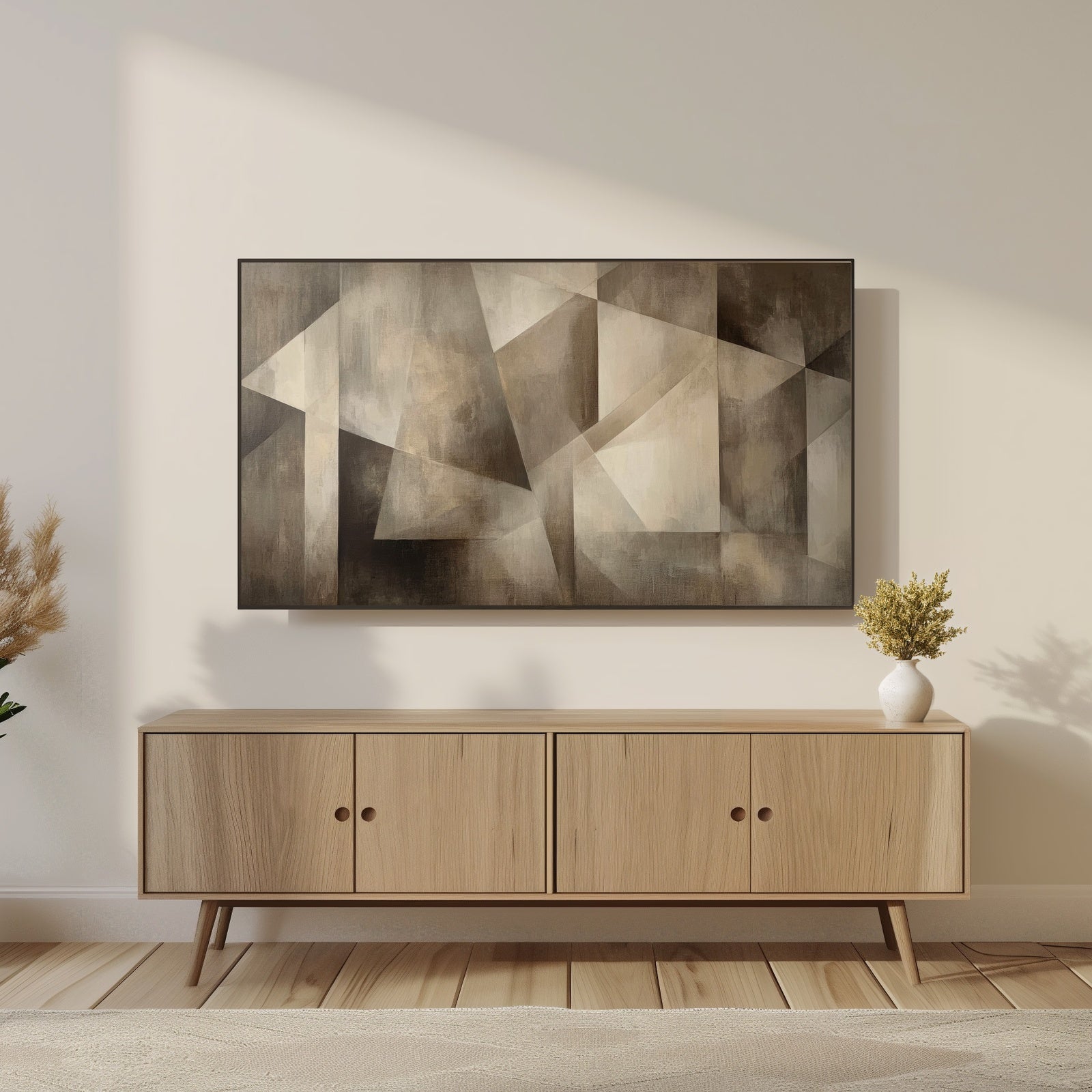 Minimalist Neutral Frame TV Art in Modern Living Room
