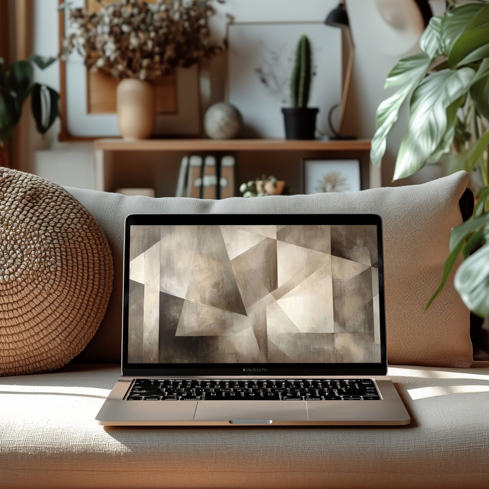 Minimalist geometric desktop wallpaper in soft neutral tones displayed on a MacBook Pro in a cozy modern living room