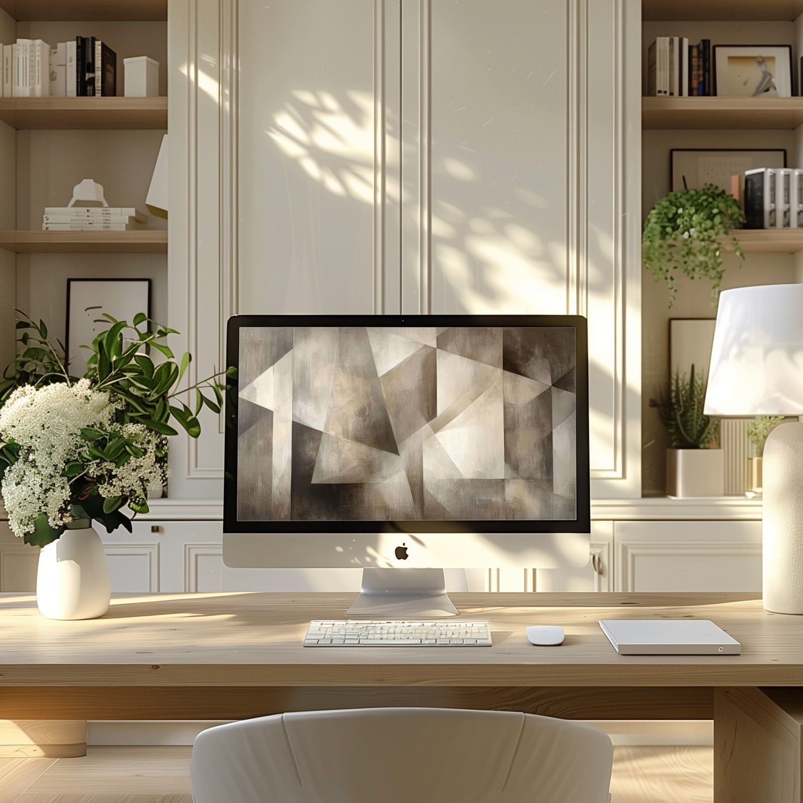 Minimalist desktop wallpaper featuring soft geometric shapes in neutral tones, designed to create calm, balance, and visual harmony in your workspace