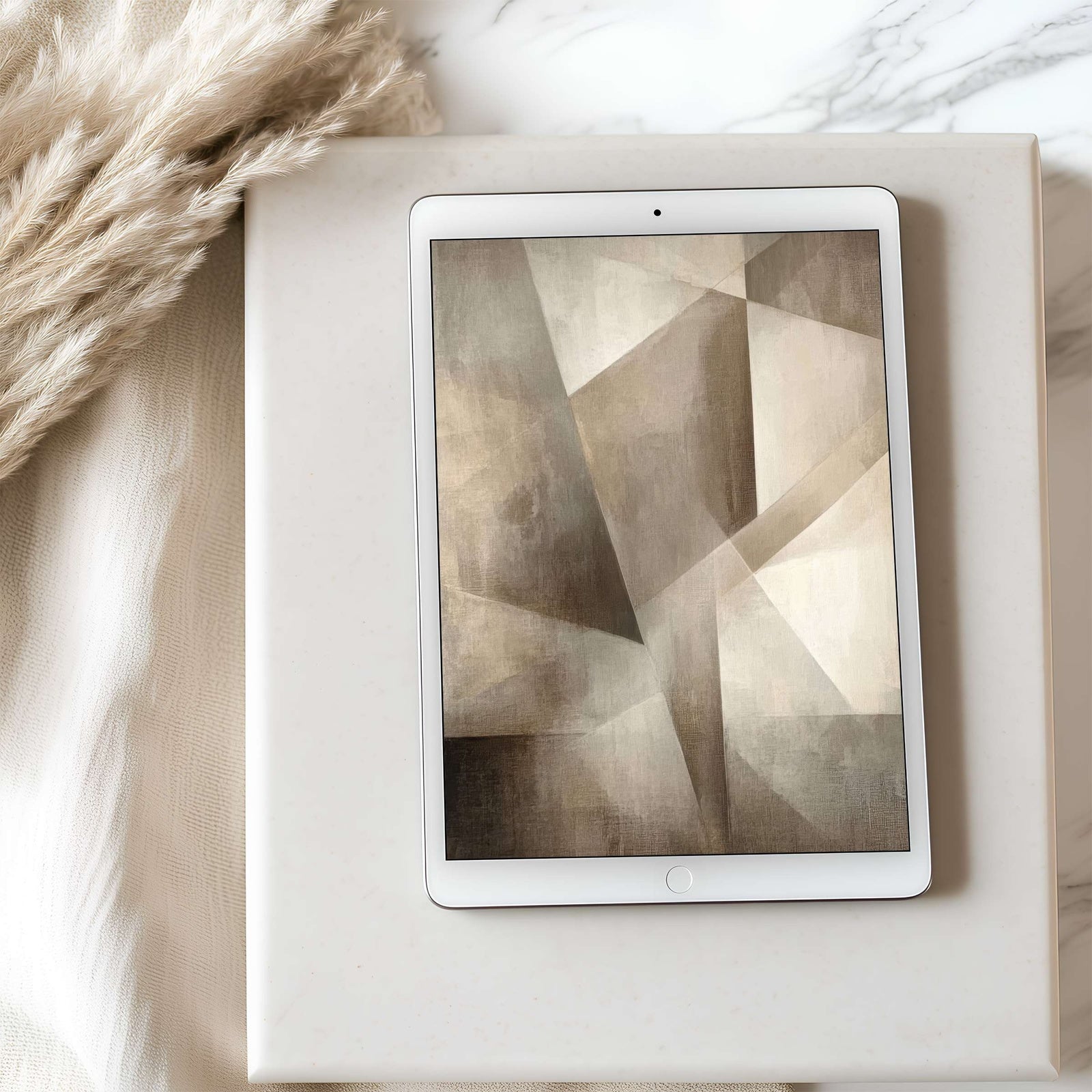 Minimalist geometric iPad wallpaper in soft neutral tones, featuring abstract shapes and clean lines that create a calm, modern, and sophisticated digital aesthetic
