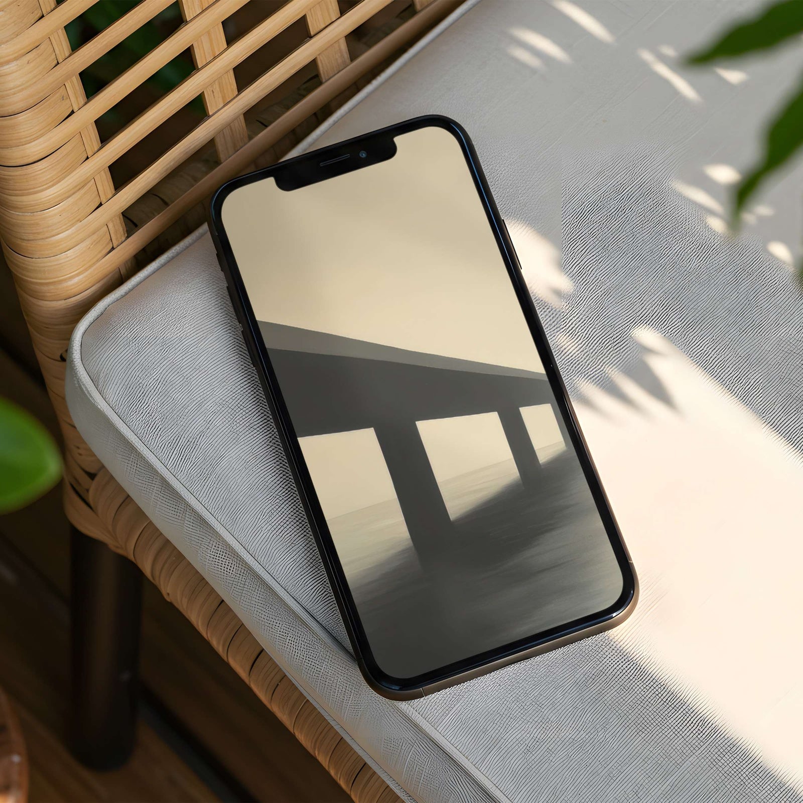 Minimalist phone wallpaper featuring a soft, hazy bridge silhouette over calm water, creating a serene, modern, and elegant look