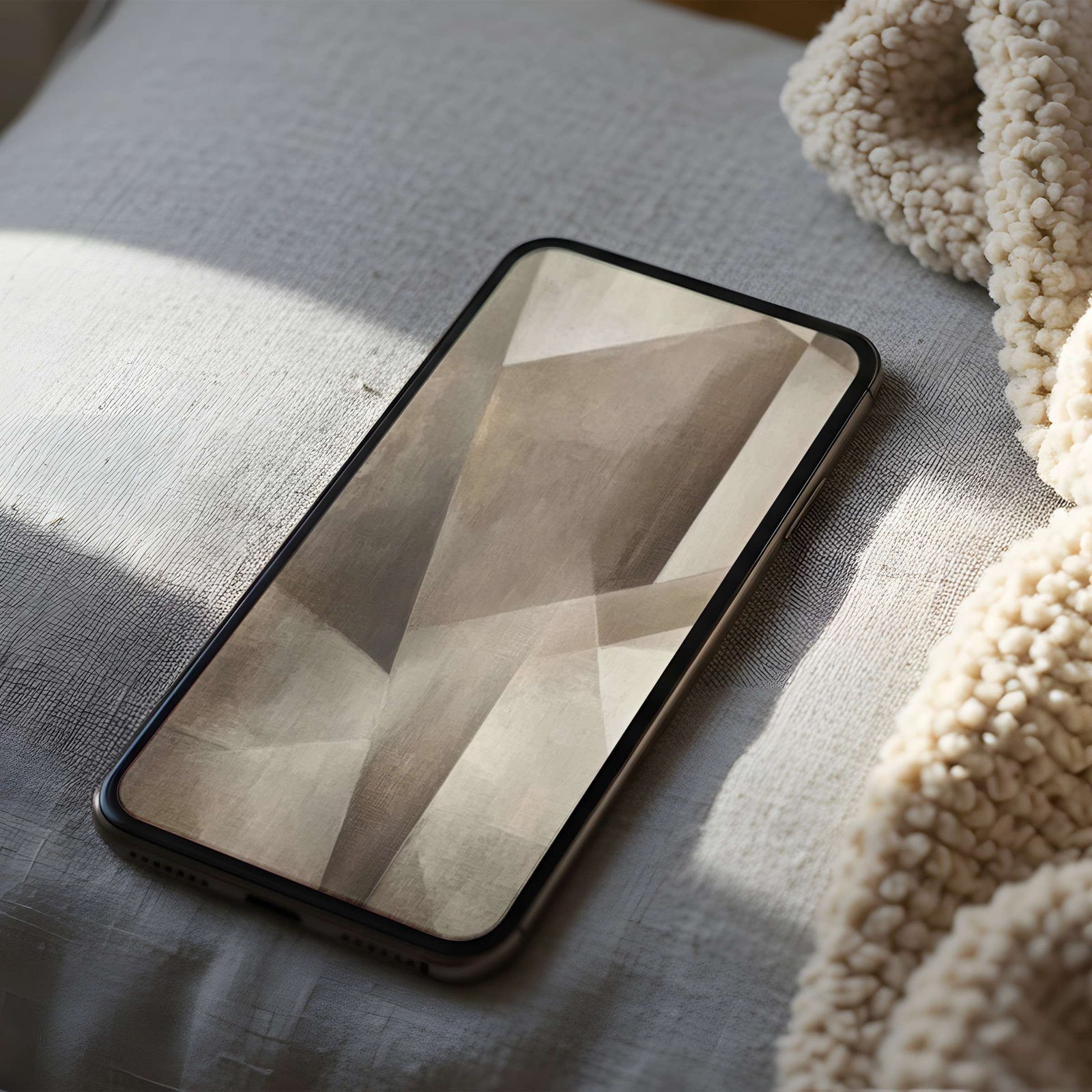 Minimalist iPhone wallpaper featuring soft geometric shapes in warm neutral tones, creating a calm, modern, and elegant look