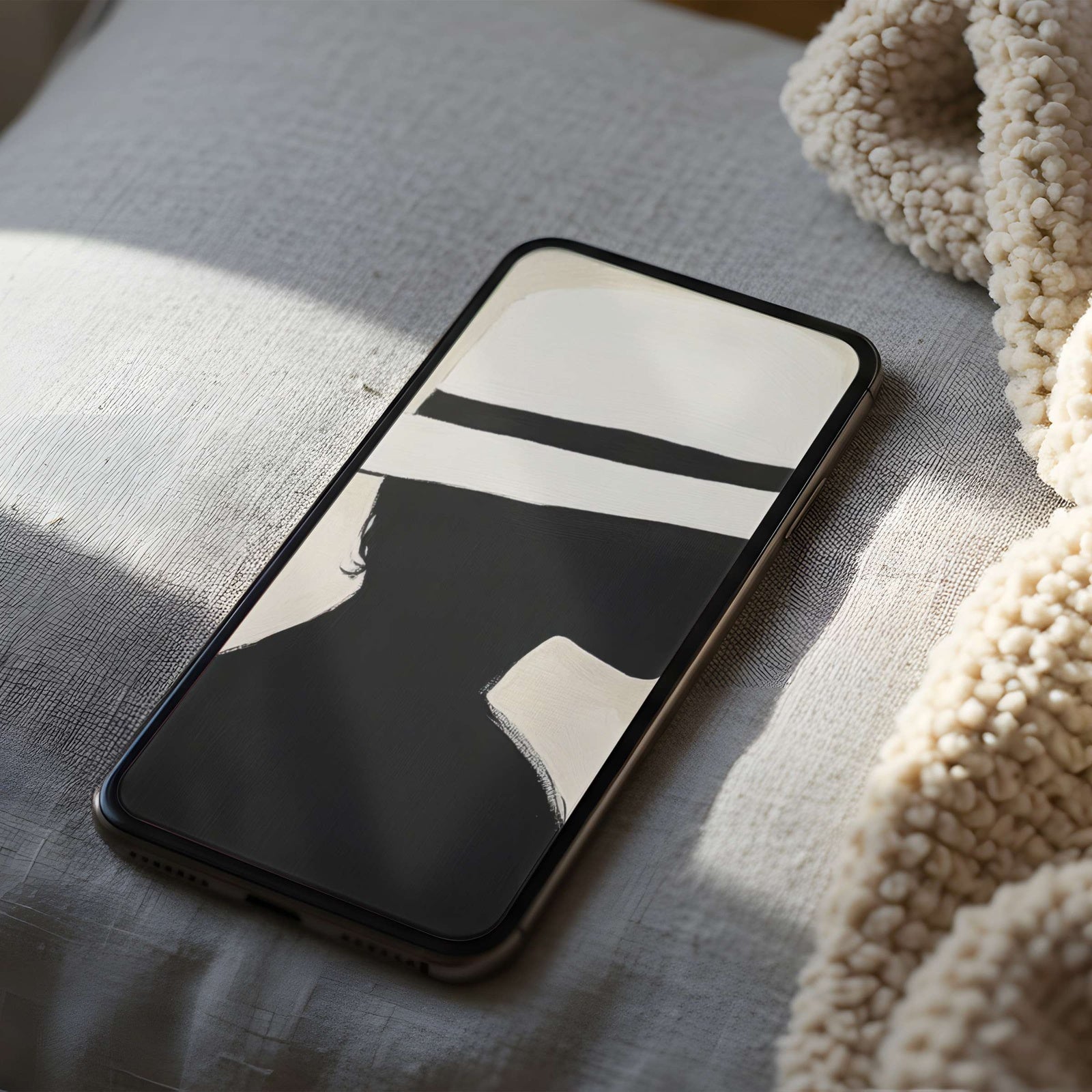 Minimalist phone wallpaper featuring a stylish figure in a wide-brimmed hat, painted in soft black and cream tones - a modern, elegant background for a calm and refined home screen