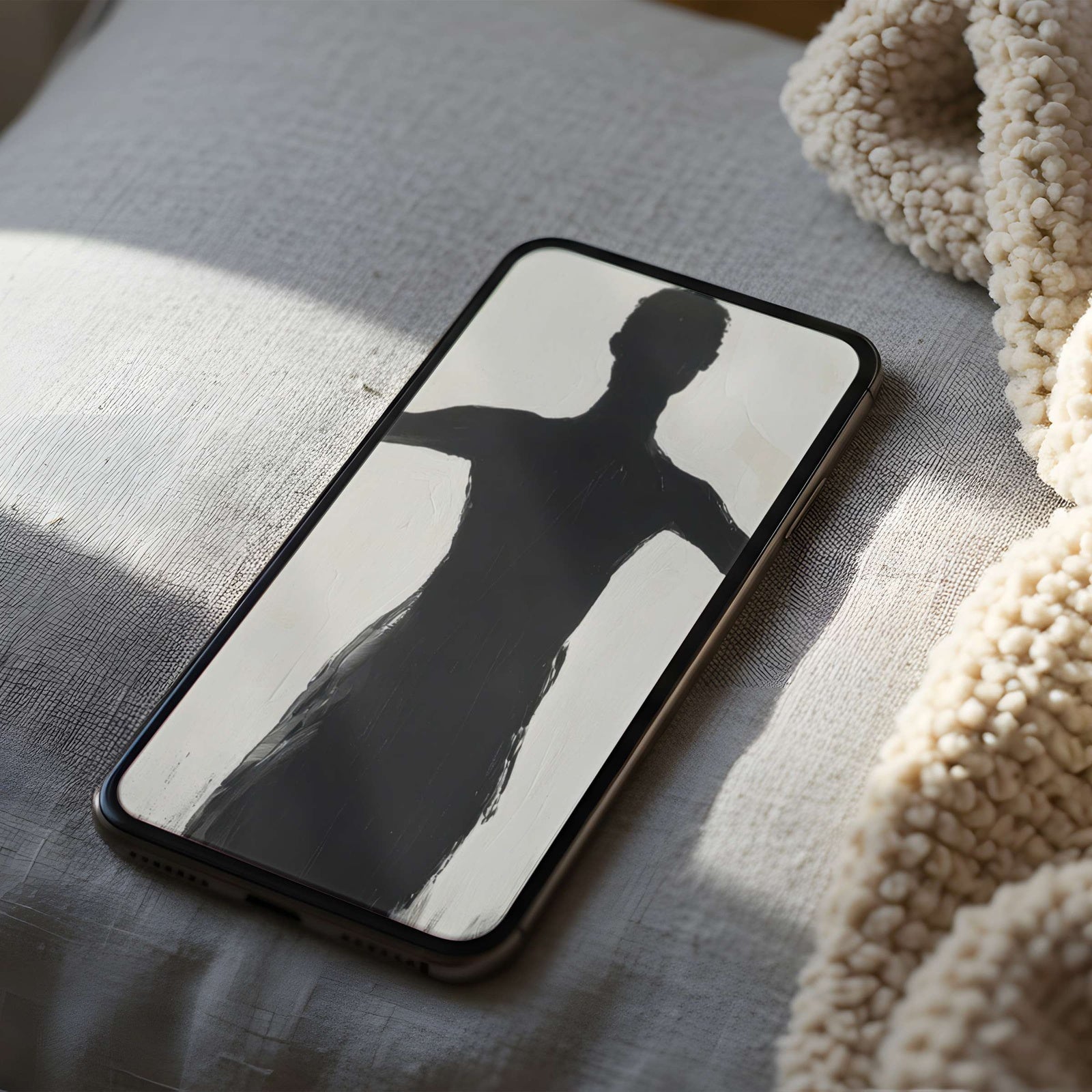 Minimalist iPhone wallpaper featuring a soft black silhouette of a human figure on a warm neutral background, creating a calm, artistic, and modern aesthetic